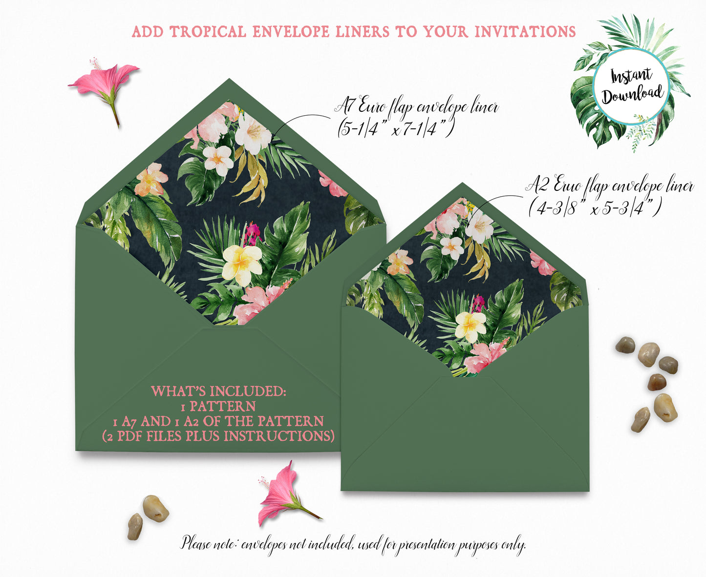 Tropical Floral Watercolor A7 & A2 Euro Flap Envelope Liners 3 Digital "Instant Download" - 'TROPICAL LUSH"