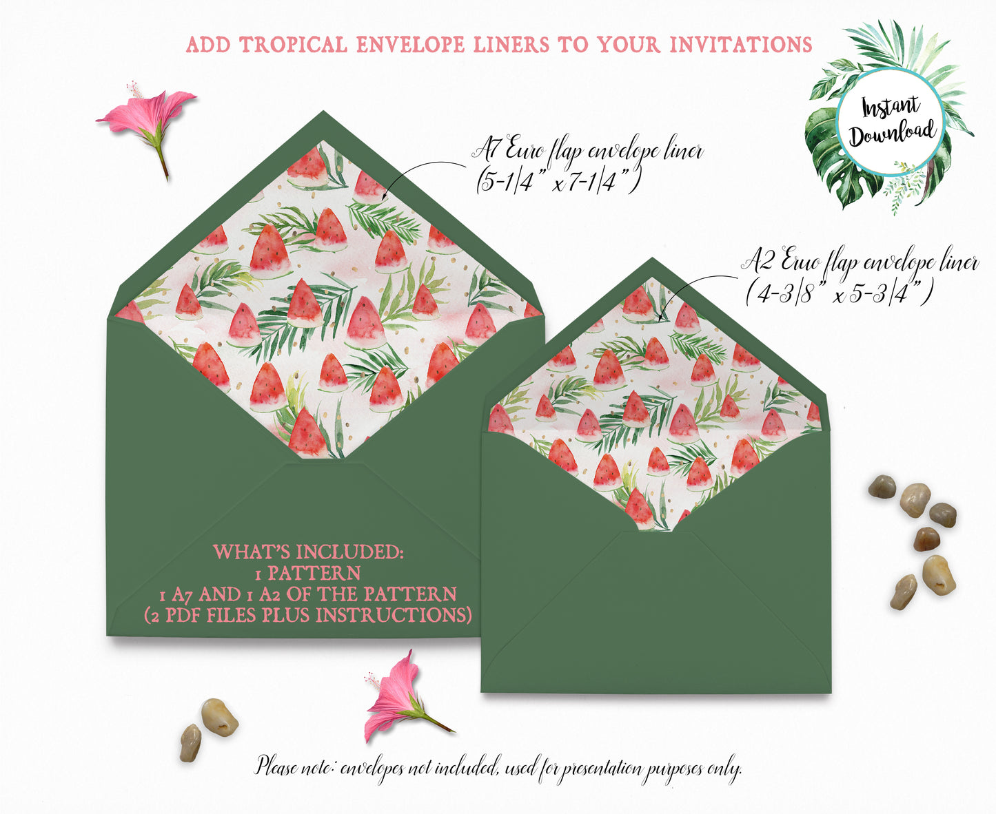 Tropical Floral Watercolor A7 & A2 Euro Flap Envelope Liners 8 Digital "Instant Download" - 'TROPICAL LUSH"