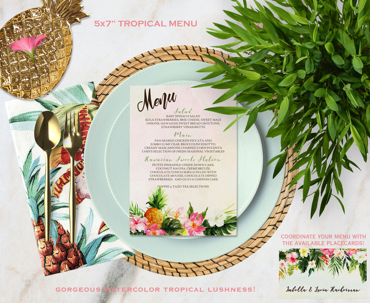 Digital Tropical Floral Watercolor Beach Destination Wedding 5x7" or 4x9" Menu - 'TROPICAL LUSH"