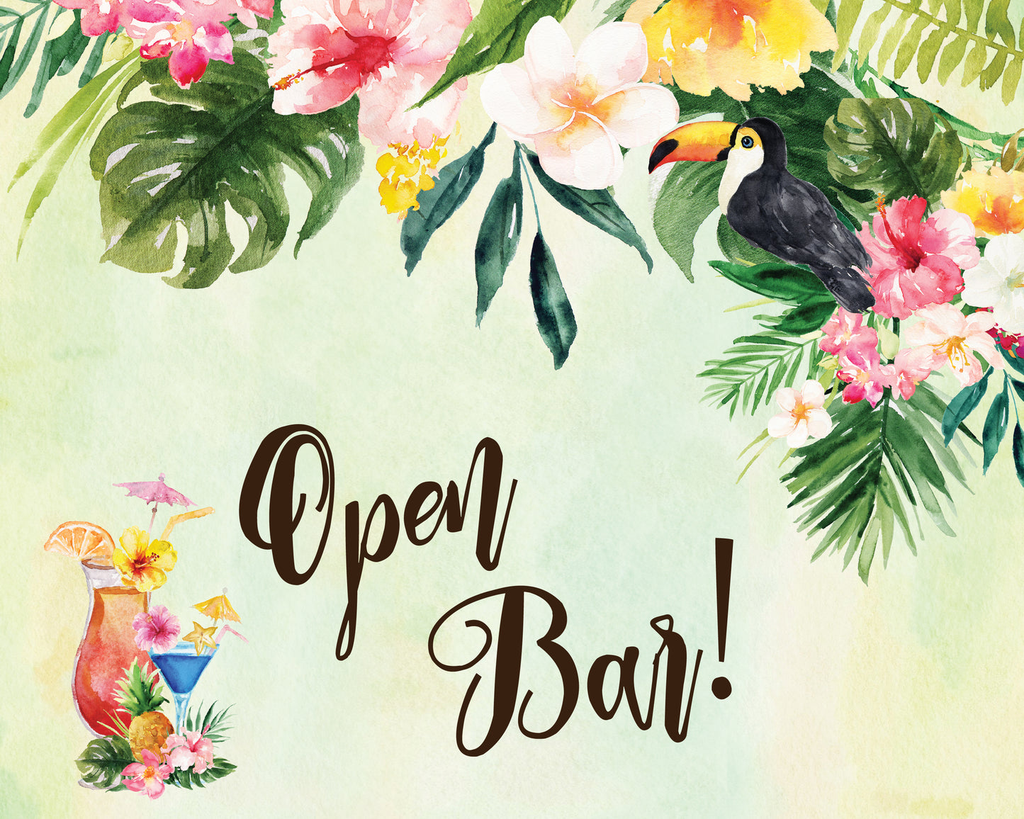 Tropical Floral Watercolor Beach Open Bar Sign 8x10 Digital "Instant Download" - 'TROPICAL LUSH"