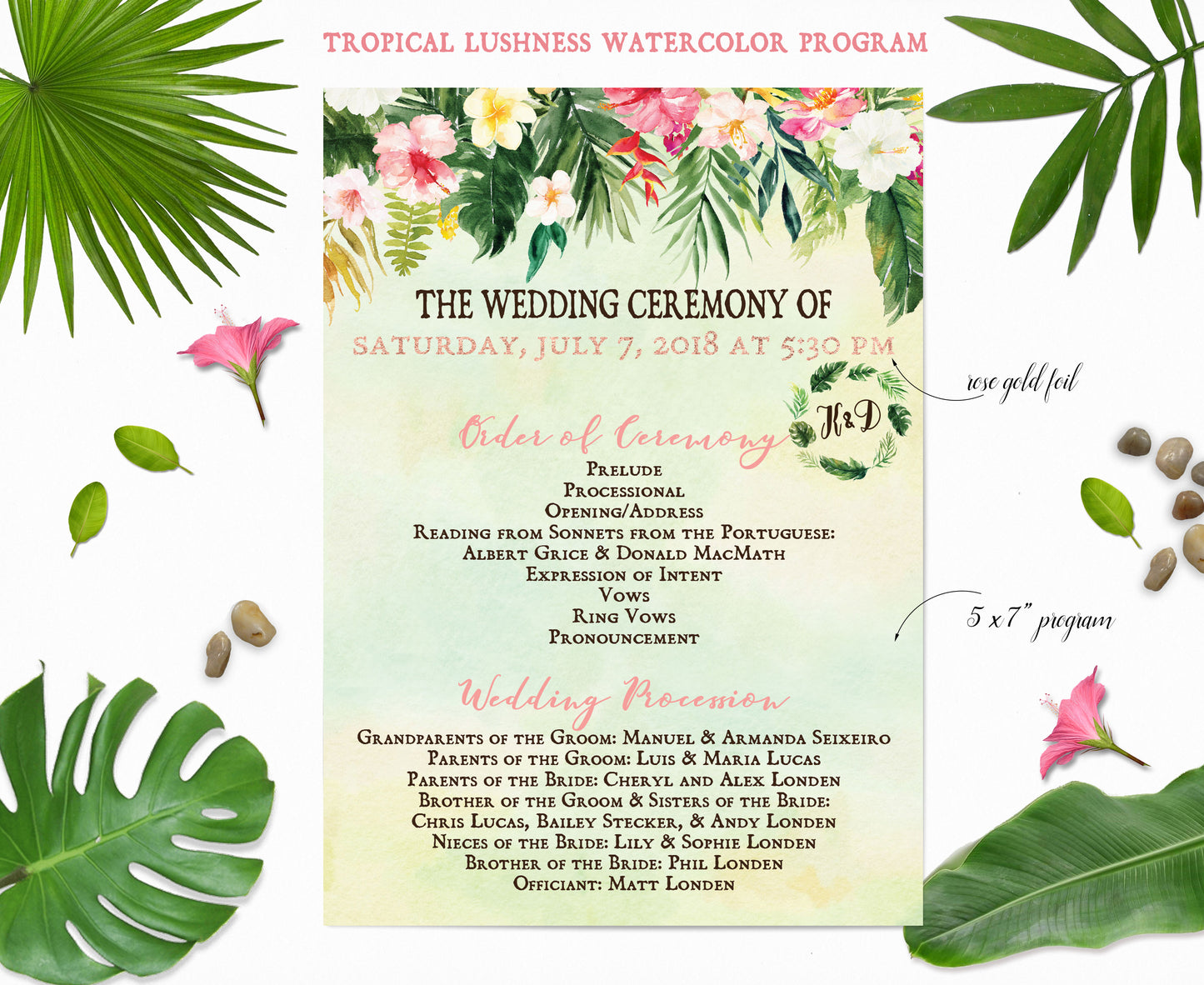 Tropical Floral Watercolor Beach Destination Wedding Program Digital - 'TROPICAL LUSH"