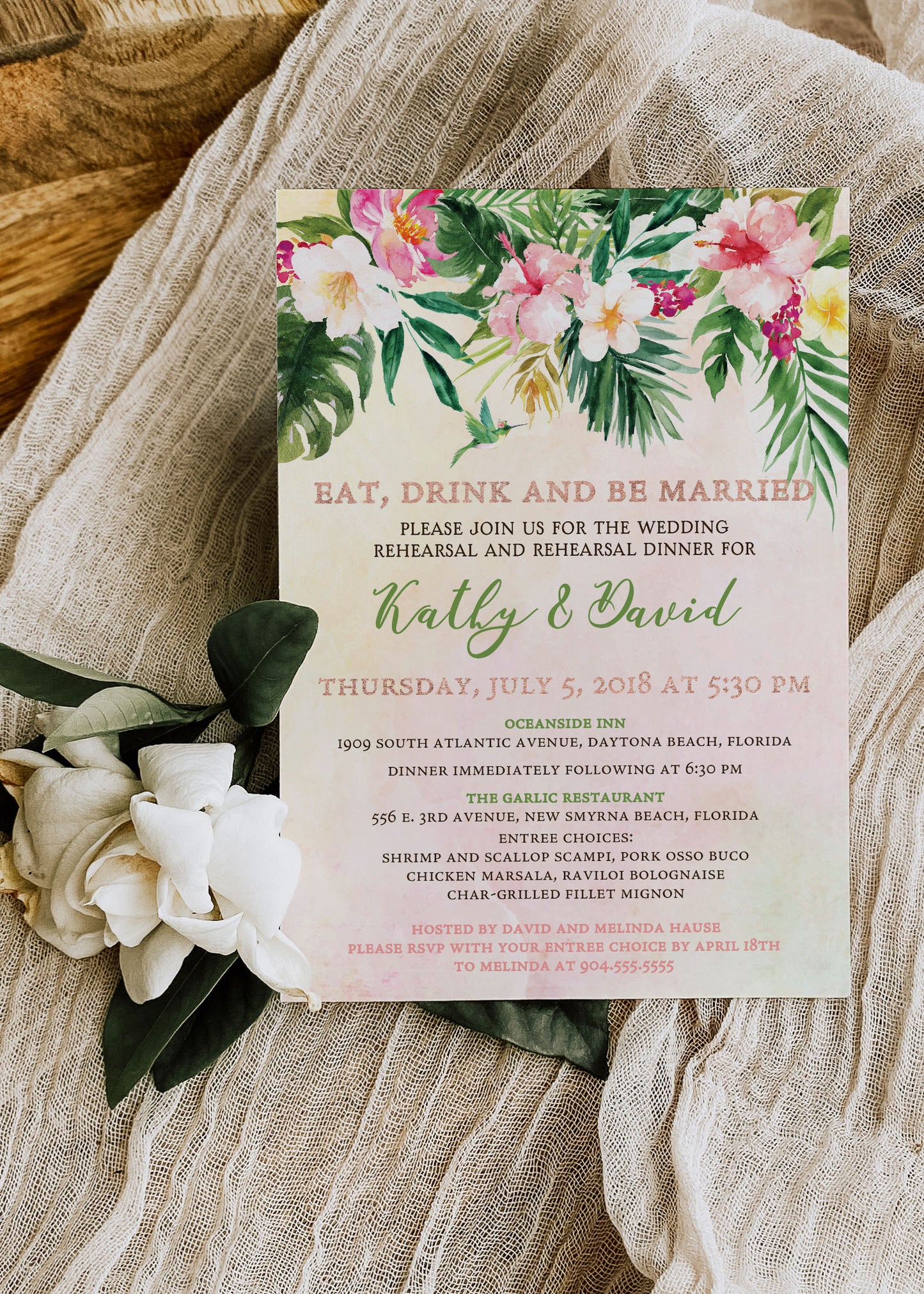 Tropical Floral Watercolor Beach Destination Wedding Rehearsal Dinner Invitation Digital - 'TROPICAL LUSH"