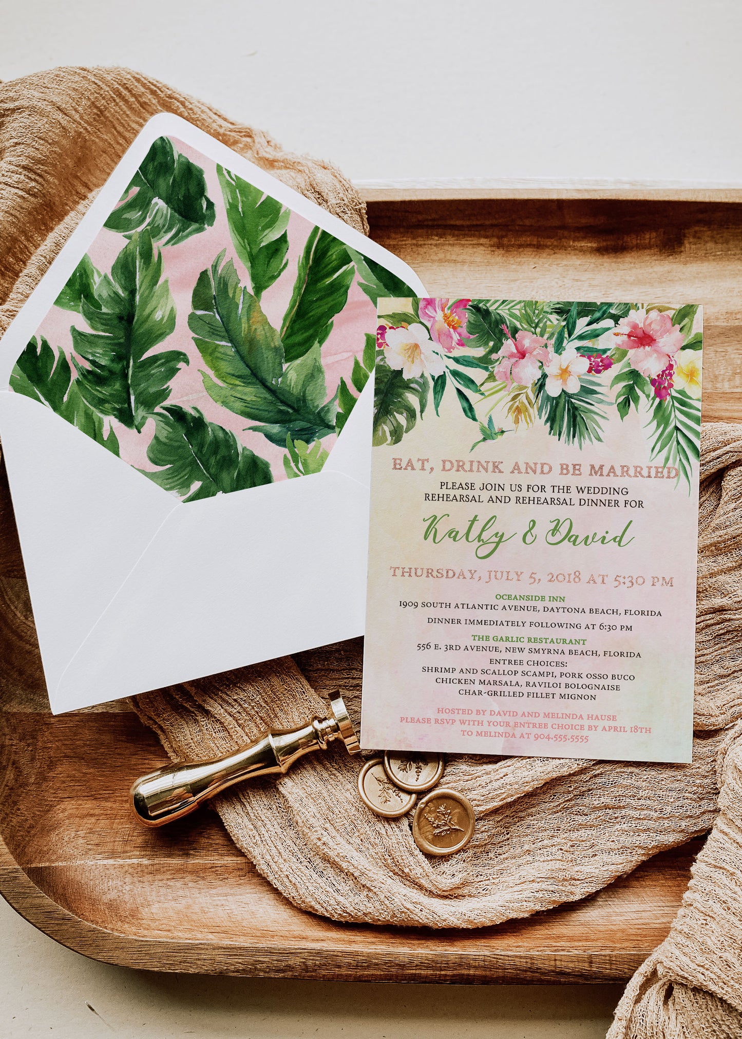 Tropical Floral Watercolor Beach Destination Wedding Rehearsal Dinner Invitation Digital - 'TROPICAL LUSH"