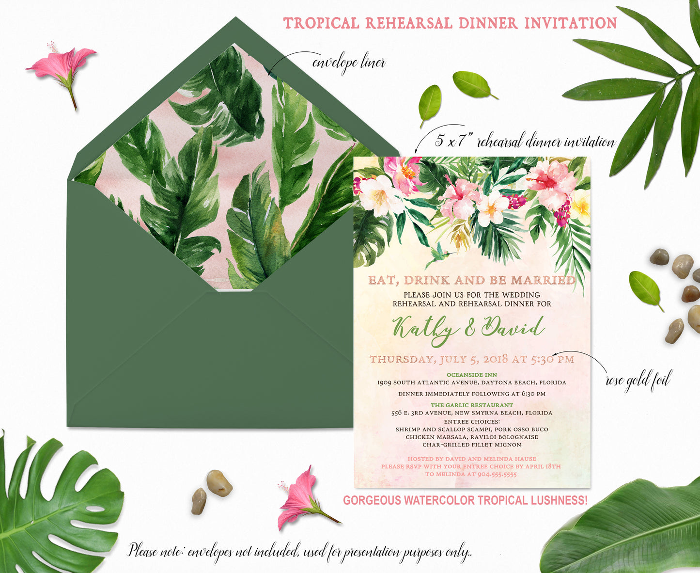 Tropical Floral Watercolor Beach Destination Wedding Rehearsal Dinner Invitation Digital - 'TROPICAL LUSH"