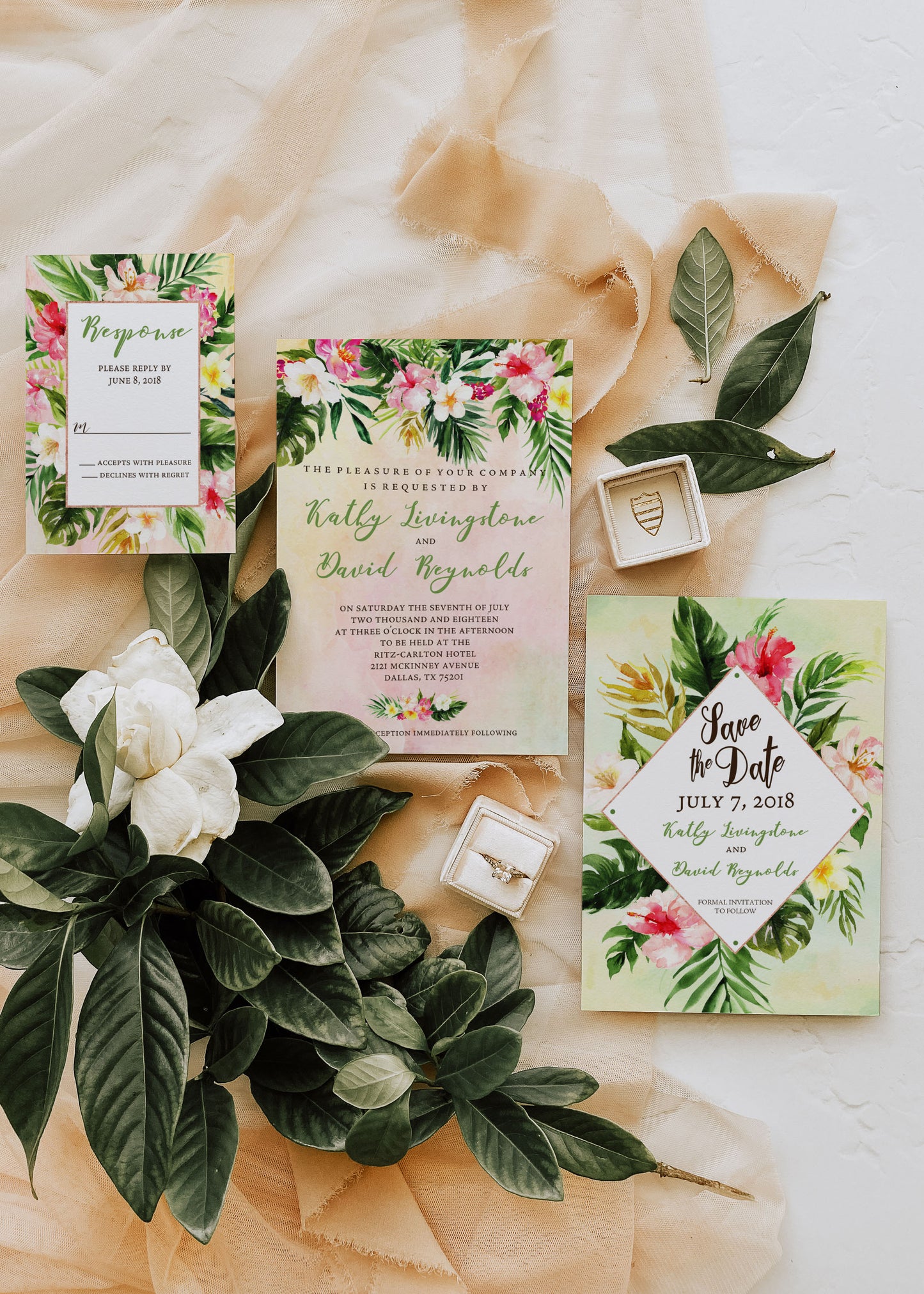 Tropical Floral Watercolor Beach Destination Wedding Invitation and RSVP Suite Digital Download- 'TROPICAL LUSH"