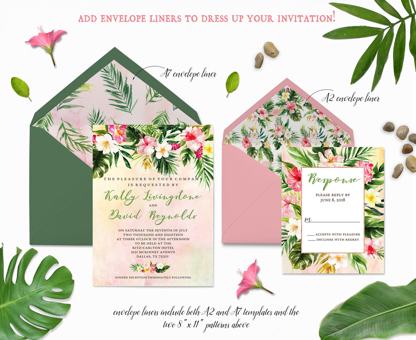 Tropical Floral Watercolor Beach Destination Wedding Invitation and RSVP Suite Digital Download- 'TROPICAL LUSH"