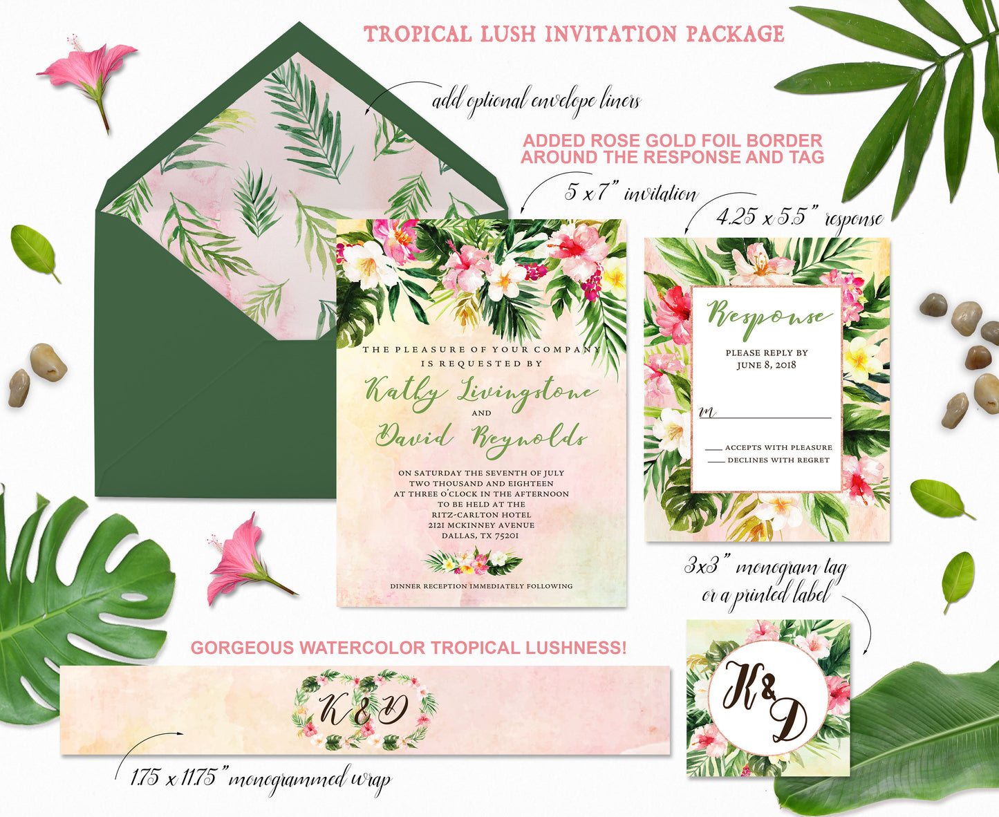 Tropical Floral Watercolor Beach Destination Wedding Invitation and RSVP Suite Digital Download- 'TROPICAL LUSH"