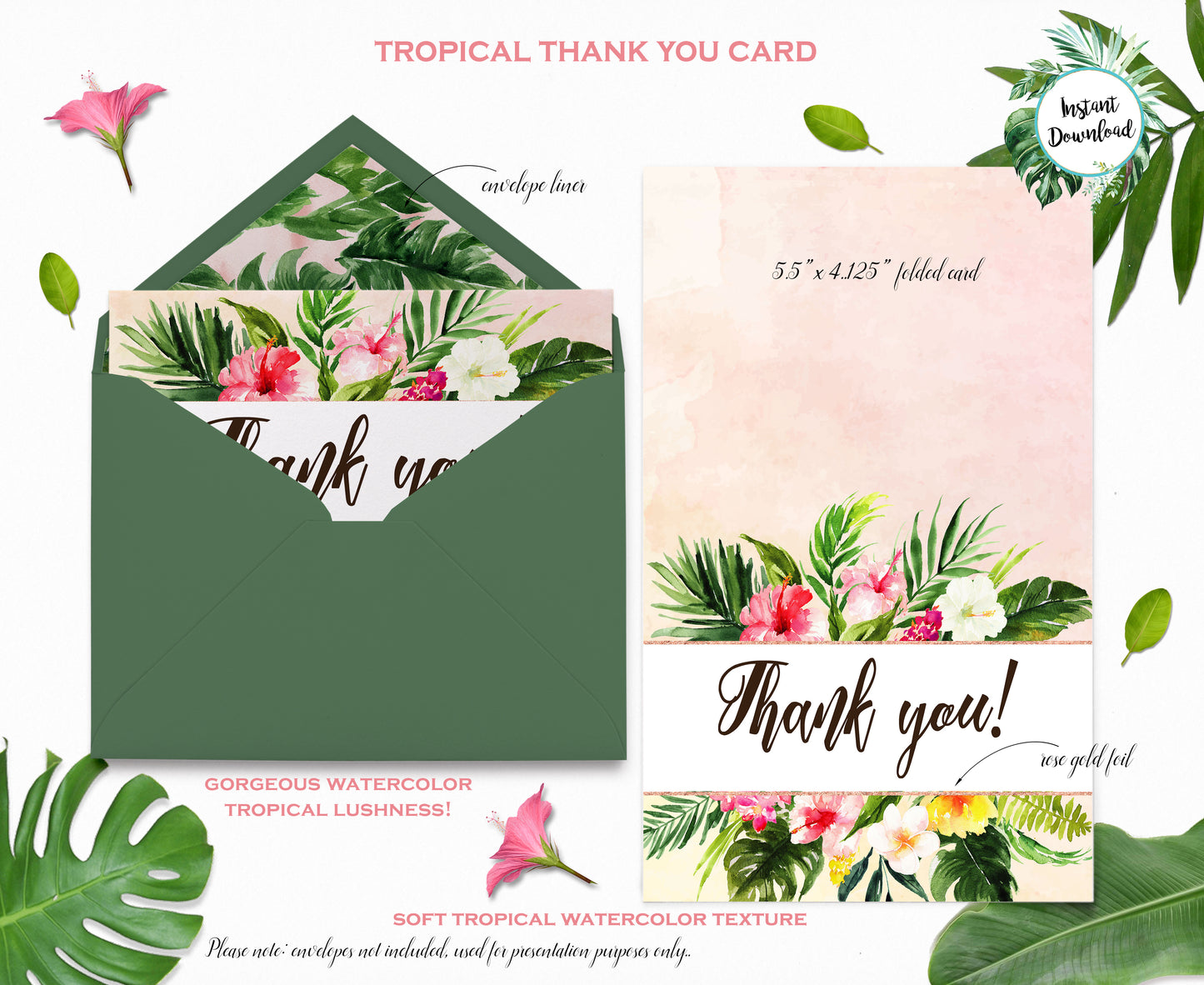 Tropical Floral Watercolor Beach Destination Thank You Cards and Tags Digital "Instant Download" - 'TROPICAL LUSH"