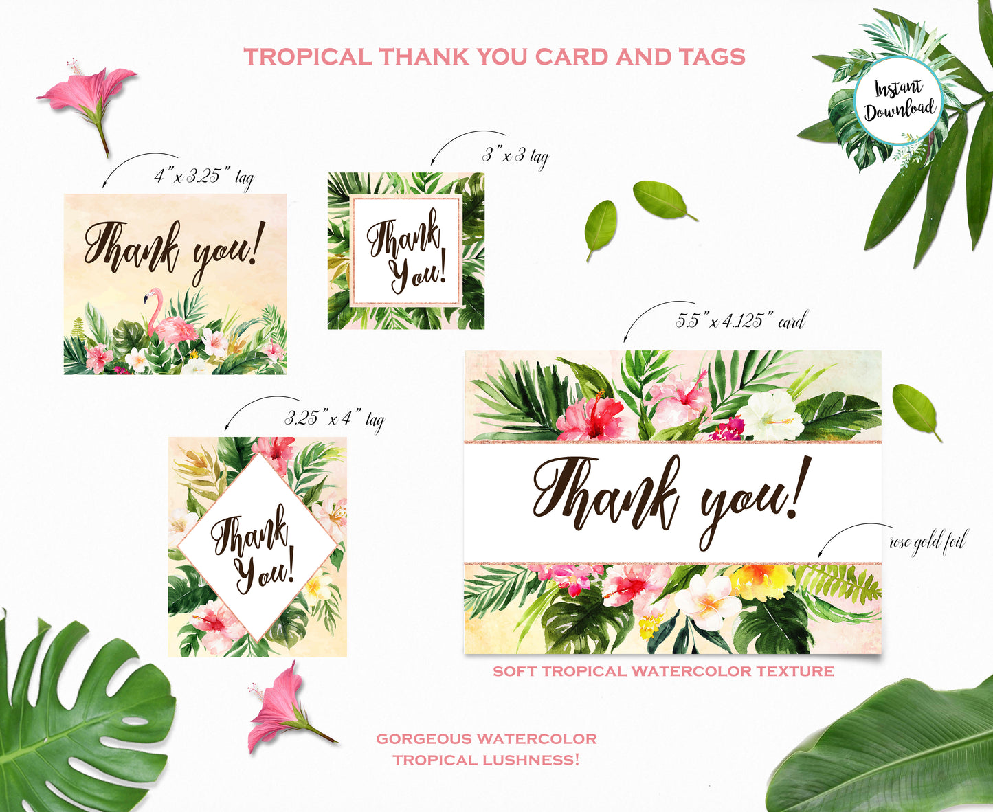 Tropical Floral Watercolor Beach Destination Thank You Cards and Tags Digital "Instant Download" - 'TROPICAL LUSH"