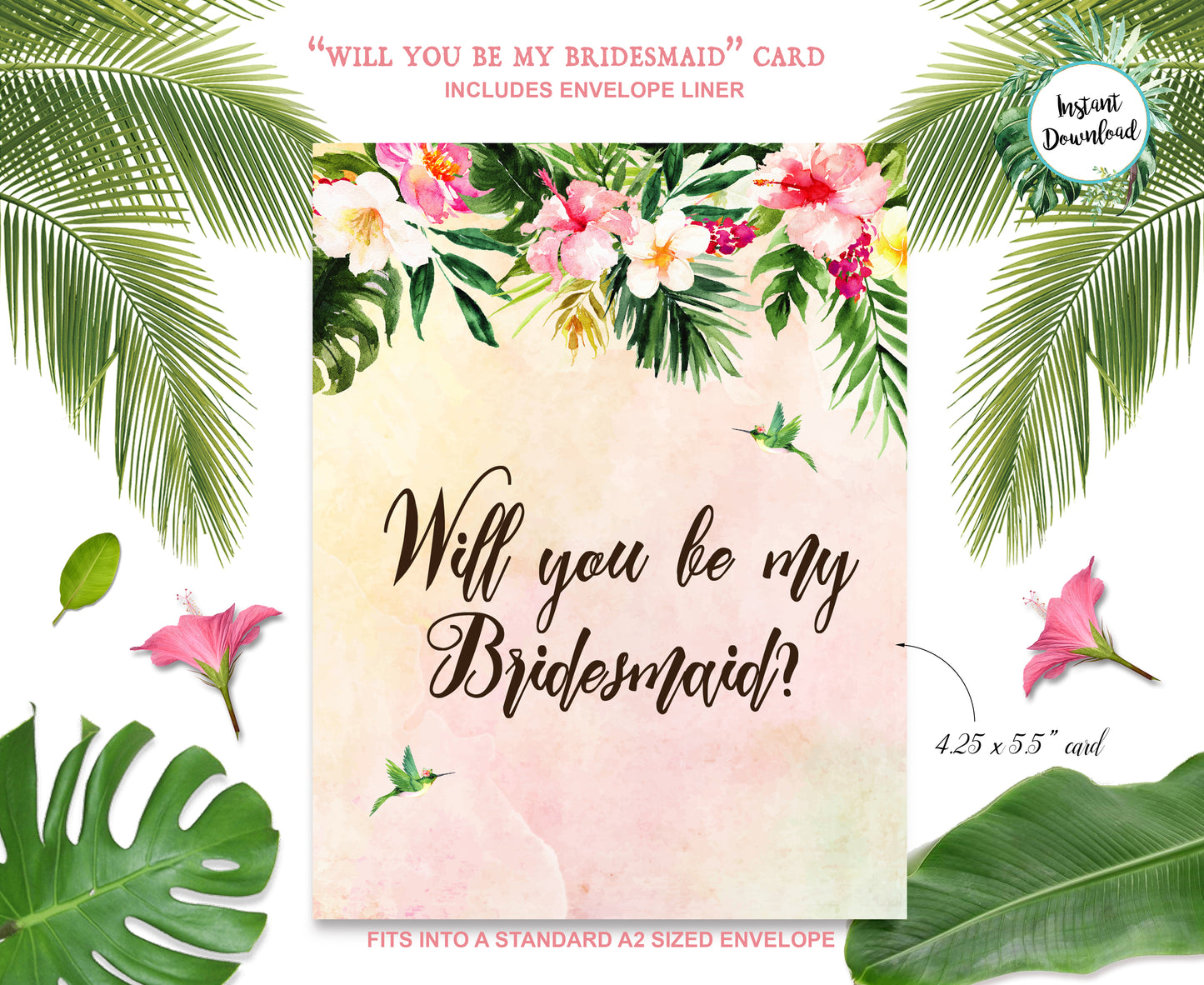 Tropical Floral Watercolor Beach Destination "Will you be my Bridesmaid" Digital "Instant Download" Invitation 4 - 'TROPICAL LUSH"