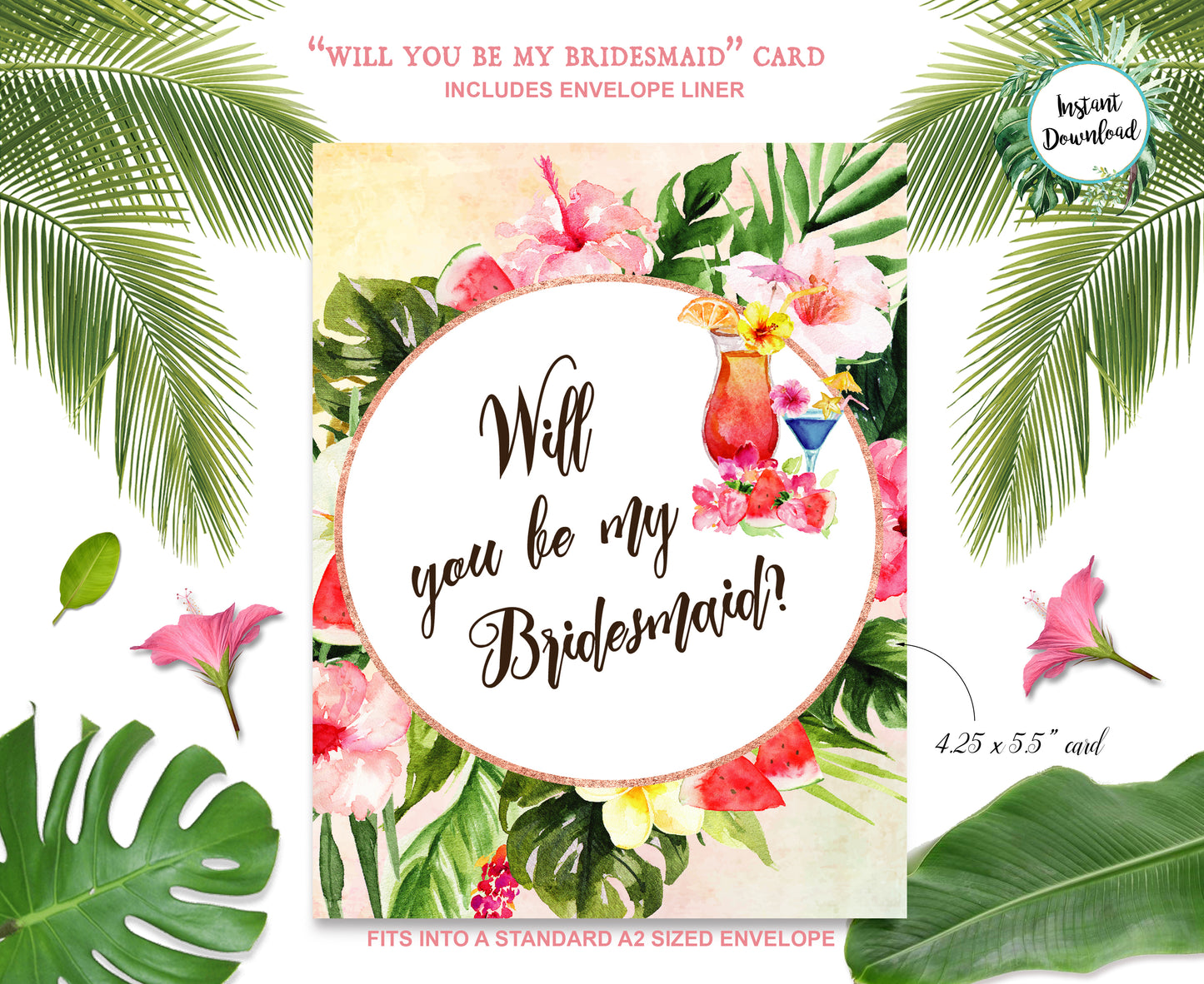 Tropical Floral Watercolor Beach Destination "Will you be my Bridesmaid" Digital "Instant Download" Invitation 5 - 'TROPICAL LUSH"