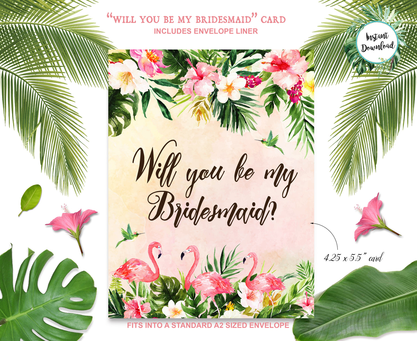 Tropical Floral Watercolor Beach Destination "Will you be my Bridesmaid" Digital "Instant Download" Invitation 3 - 'TROPICAL LUSH"