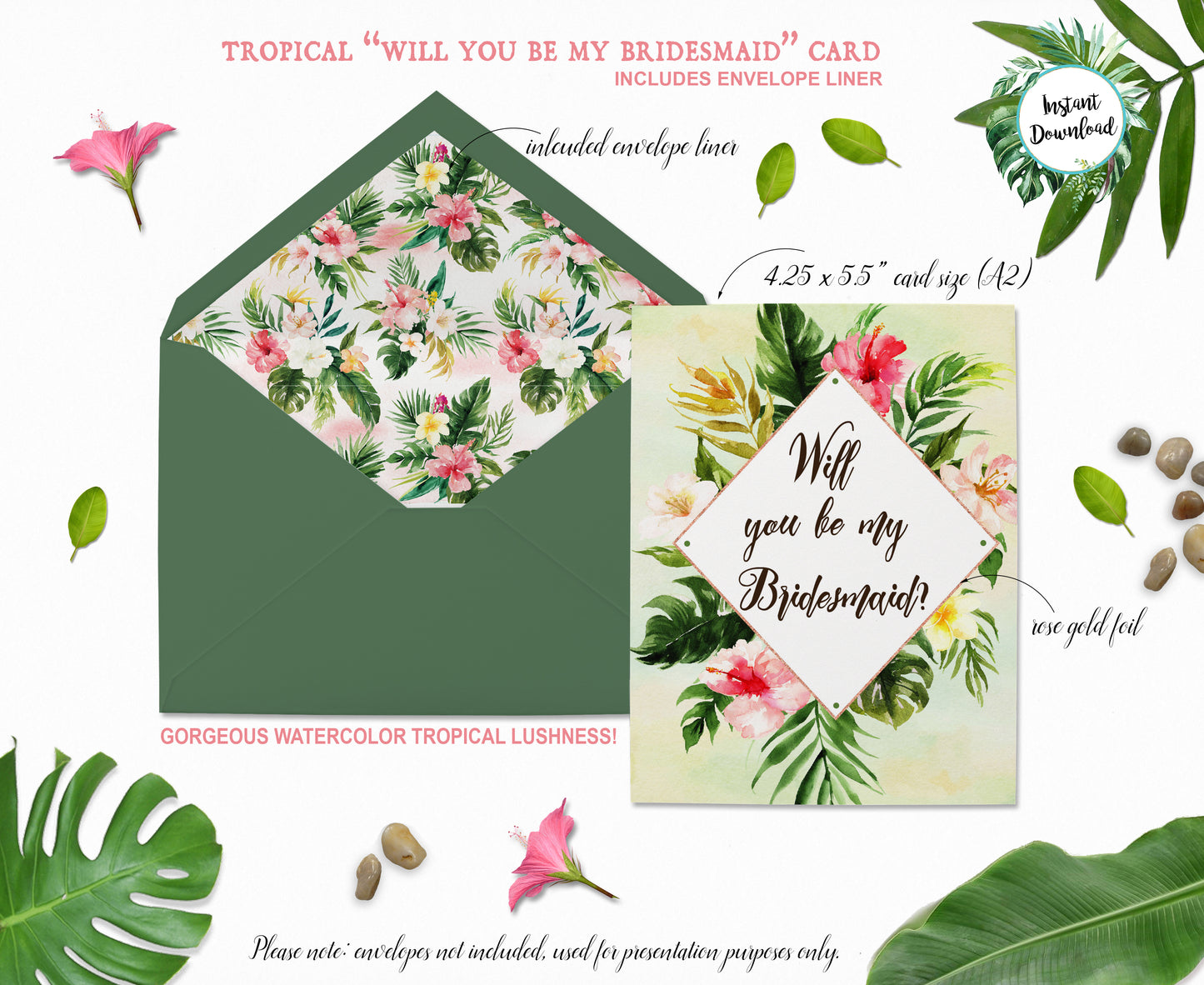 Tropical Floral Watercolor Beach Destination "Will you be my Bridesmaid" Digital "Instant Download" Invitation 2 - 'TROPICAL LUSH"