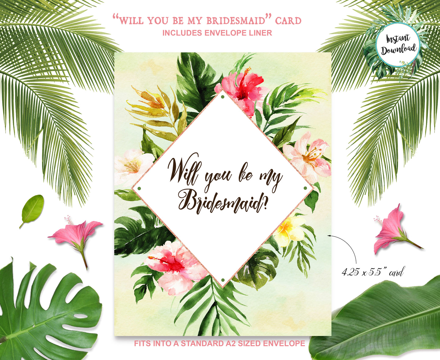 Tropical Floral Watercolor Beach Destination "Will you be my Bridesmaid" Digital "Instant Download" Invitation 2 - 'TROPICAL LUSH"