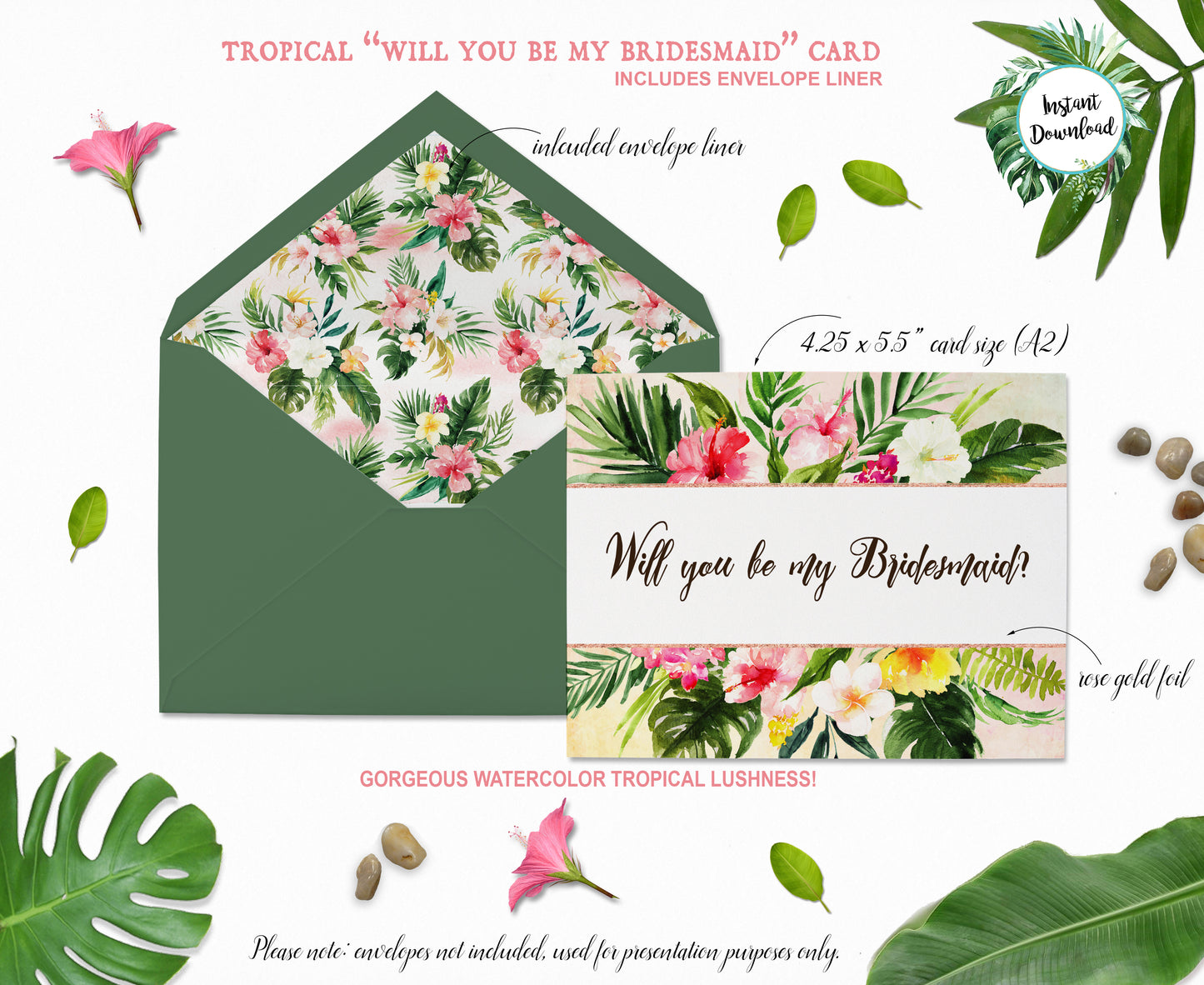 Tropical Floral Watercolor Beach Destination "Will you be my Bridesmaid" Digital "Instant Download" Invitation 1 - 'TROPICAL LUSH"