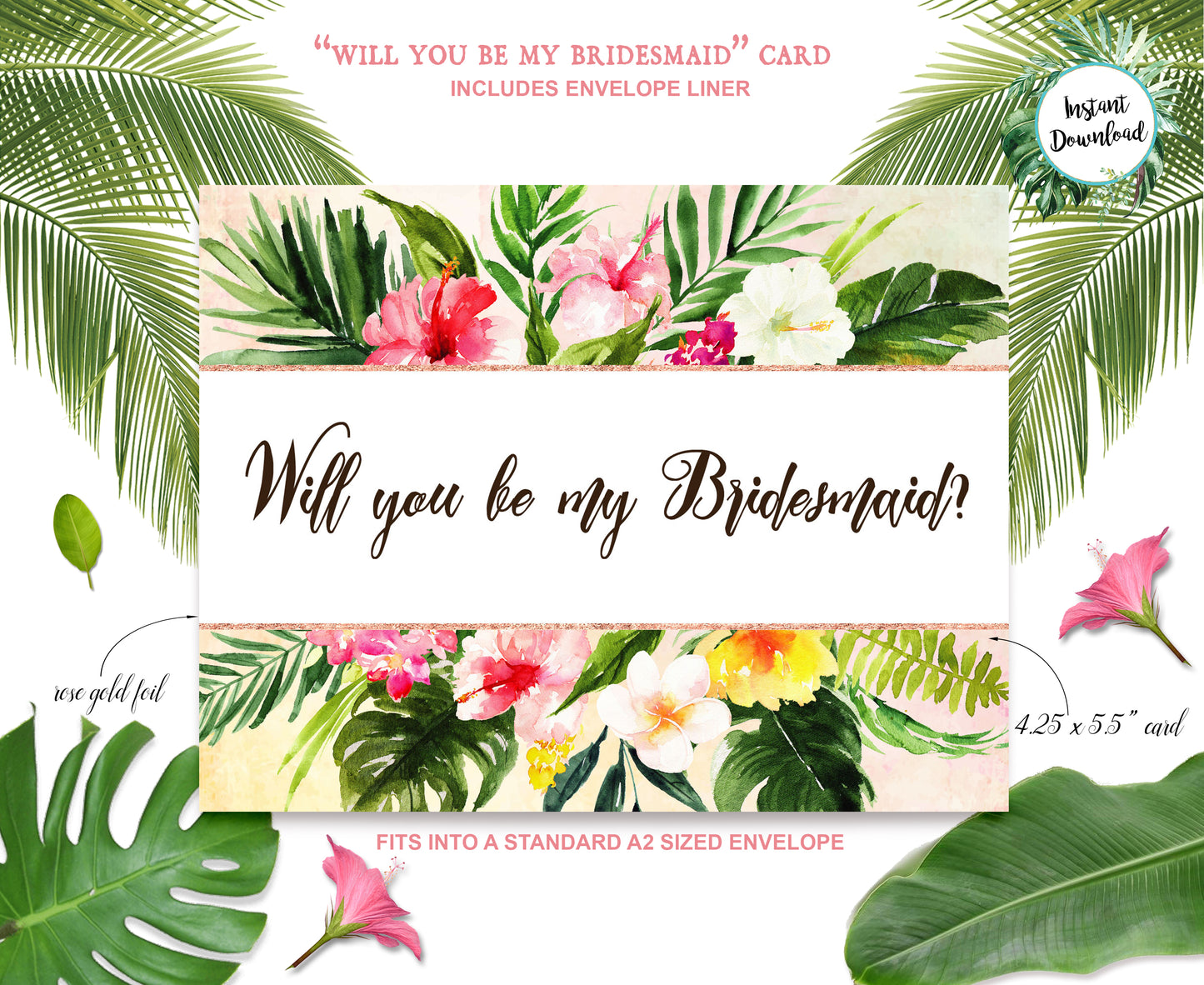 Tropical Floral Watercolor Beach Destination "Will you be my Bridesmaid" Digital "Instant Download" Invitation 1 - 'TROPICAL LUSH"