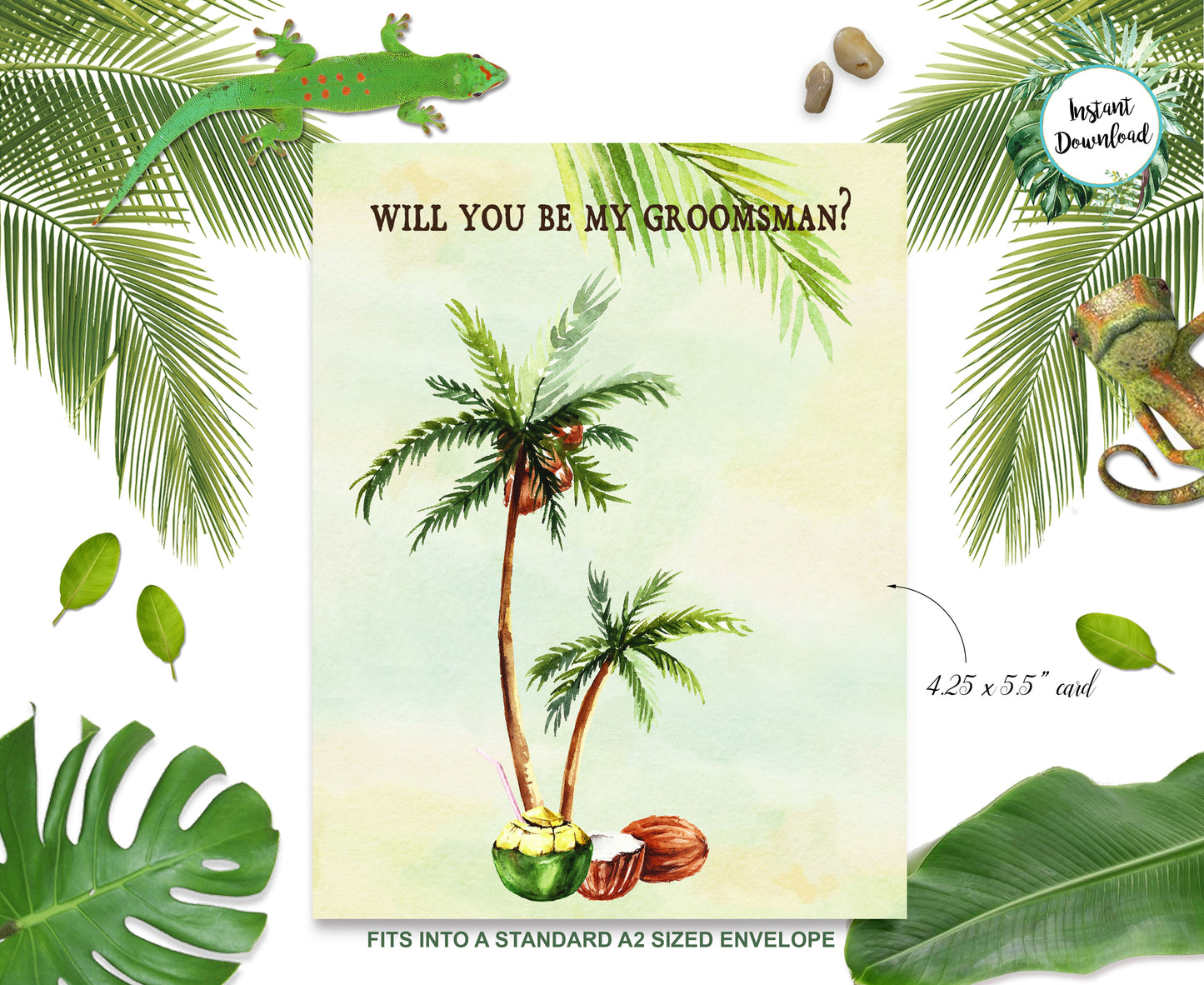 Tropical Floral Watercolor Beach Destination "Will you be my Groomsman" Digital "Instant Download" Invitation 2 - 'TROPICAL LUSH"