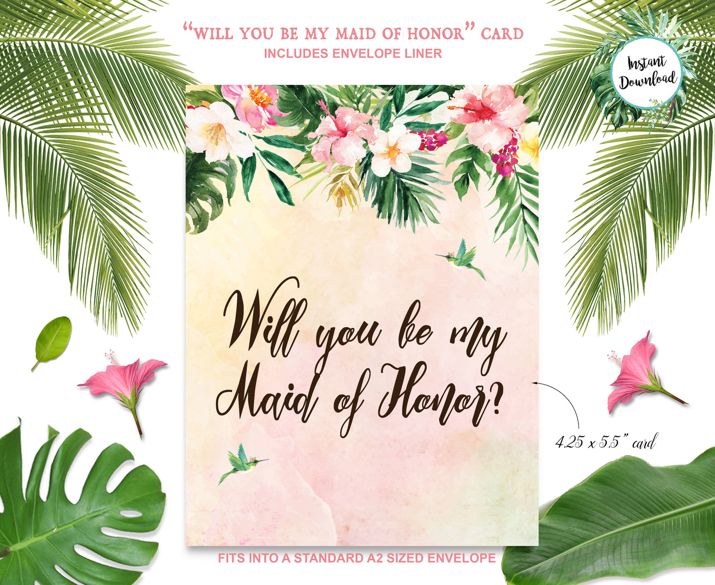 Tropical Floral Watercolor Beach Destination "Will you be my Maid of Honor" Digital "Instant Download"  Invitation 4 - 'TROPICAL LUSH"