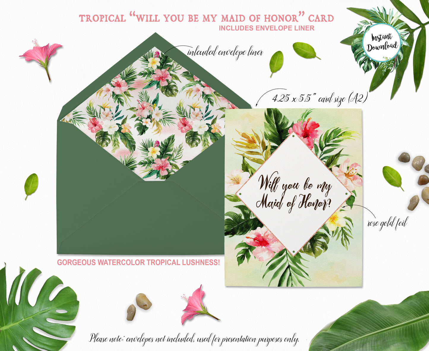 Tropical Floral Watercolor Beach Destination "Will you be my Maid of Honor" Digital "Instant Download" Invitation 2 - 'TROPICAL LUSH"