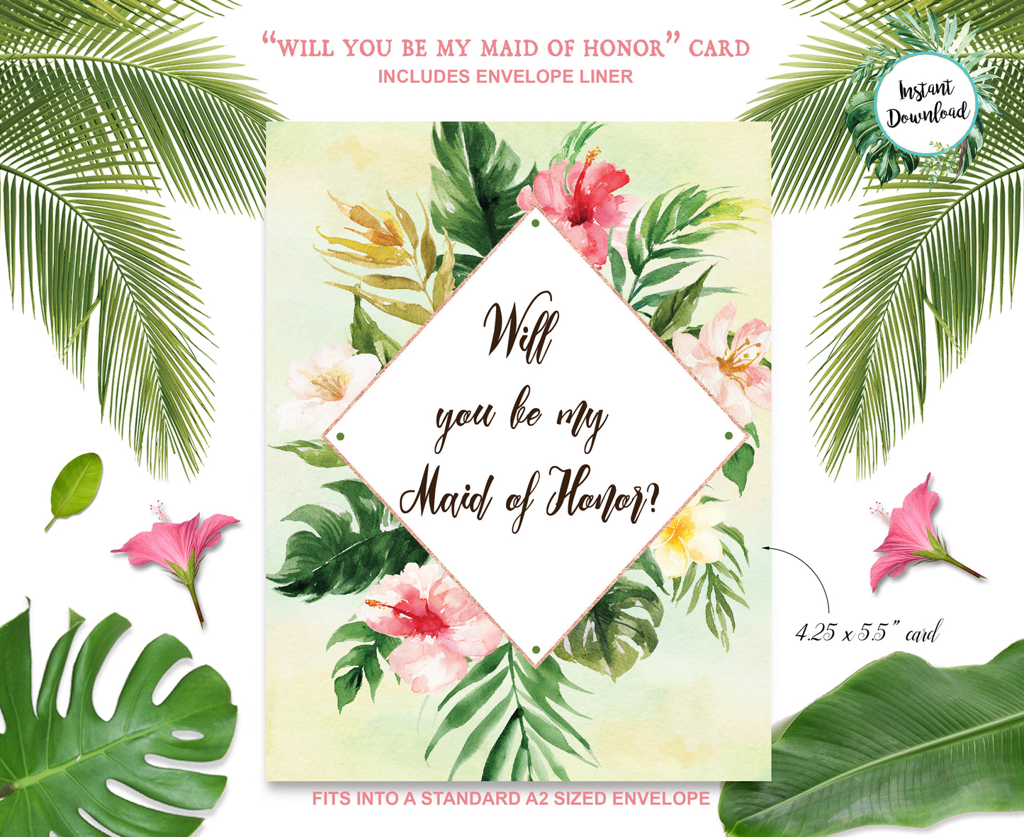 Tropical Floral Watercolor Beach Destination "Will you be my Maid of Honor" Digital "Instant Download" Invitation 2 - 'TROPICAL LUSH"