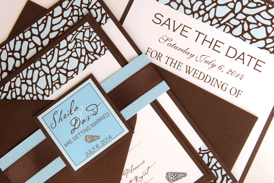 Chocolate Brown and Sea Blue Sea Shell Wedding Invitation Suite