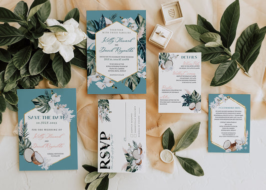WHITE CORAL INVITATION SUITE AND ACCESSORIES