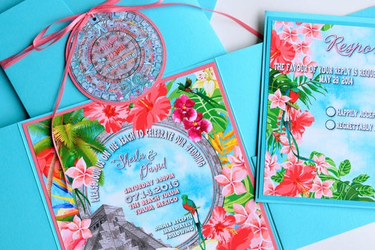 Here it is!  My Myan/Aztec Wedding Invitation Suite