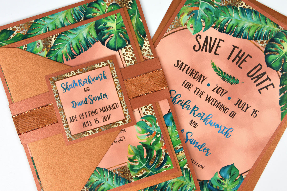 Tropical Leaves with Gold, Teal, Bronze Copper and Leopard Foil Wedding Suites