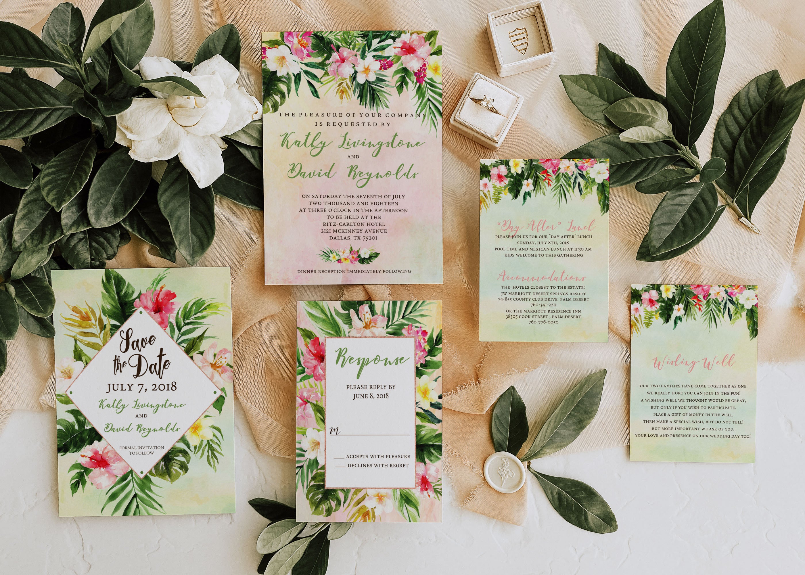Digital Summer Tropical Flowers and Leaves Wedding Suite Invitation and Accesories