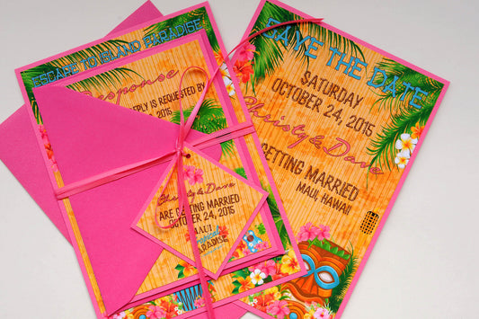 Tropical Tiki Hawaiian Wedding Invitation and RSVP Suite