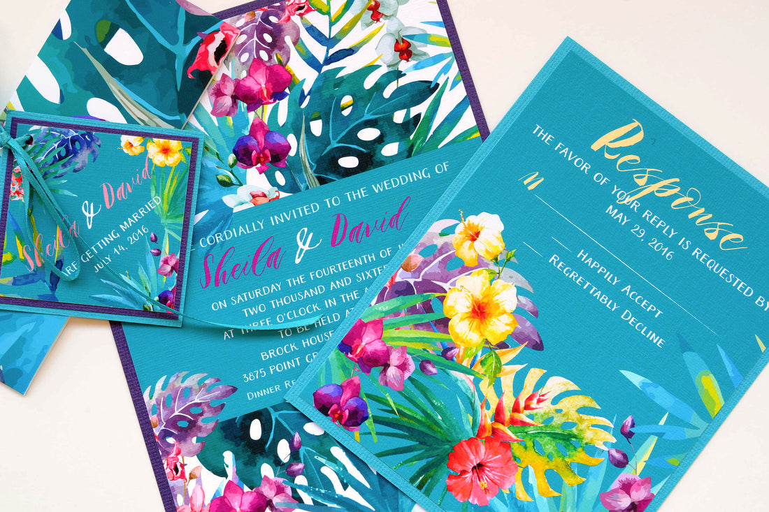 Tropical Flowers and Palm Leaves Wedding Invitation and RSVP Suite