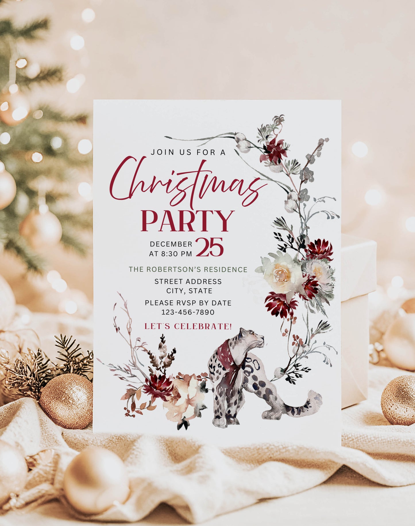 Christmas Fields Snow Leopard and Deer Christmas Gift Tag and Invitation