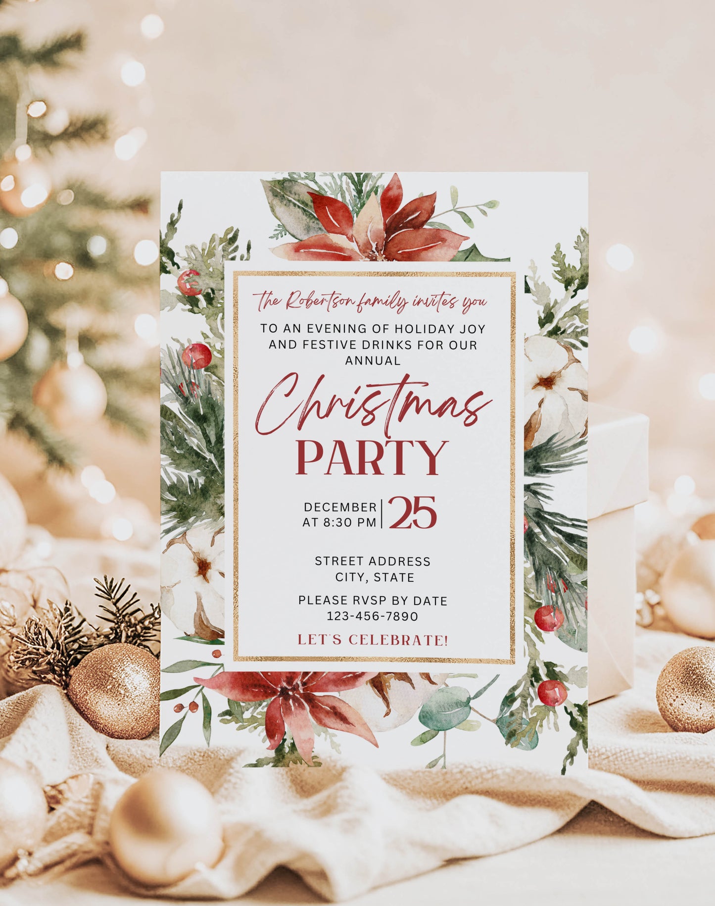 Christmas Poinsettia and Christmas Tree Gift Tag and Invitation