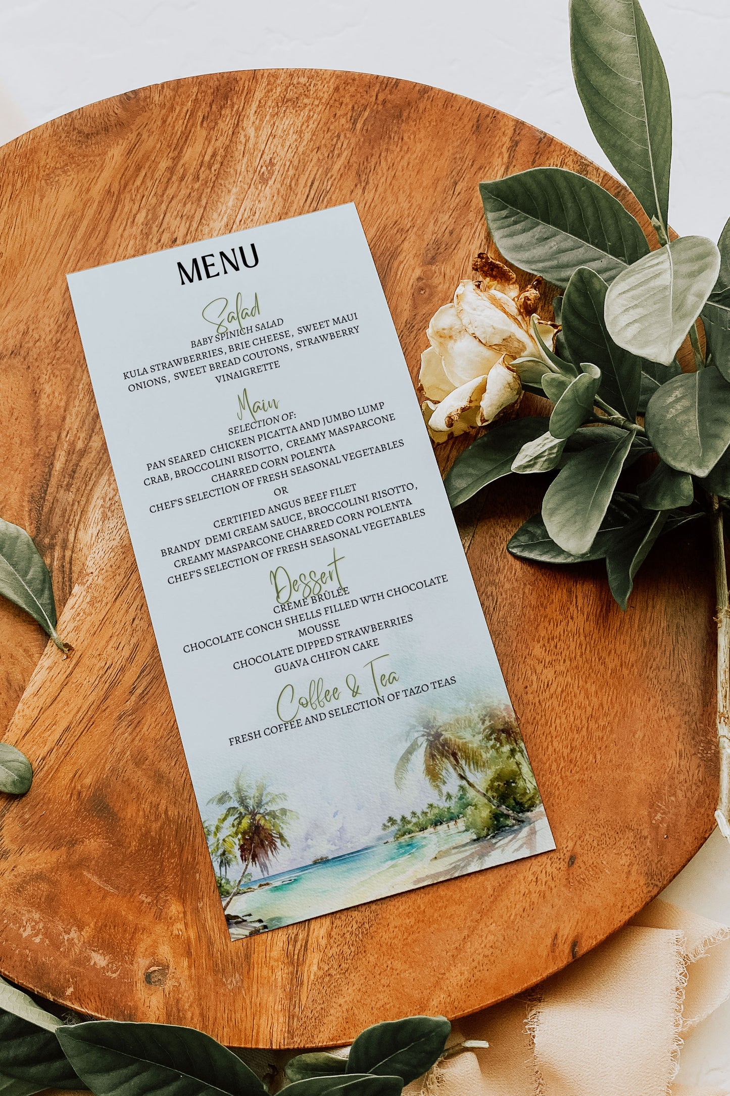 Beach Tropical Palm Trees Watercolour Destination Wedding Menu 5x7" Instant Download - "PALM TREES"
