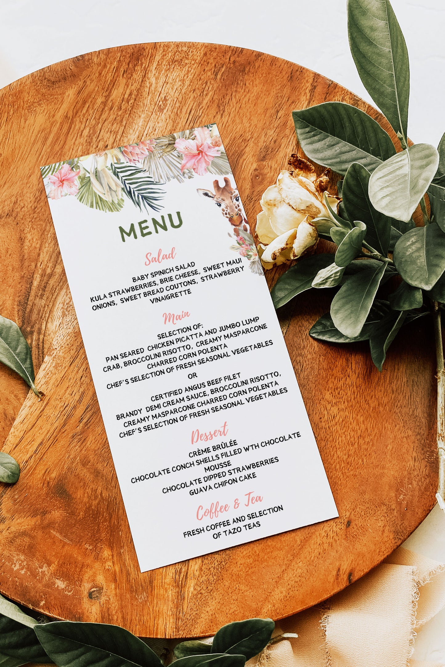 African Safari Savanna Wild Animal Tropical Palm Tree Watercolour Destination Wedding Menu 4x9" Instant Download - "African Safari"