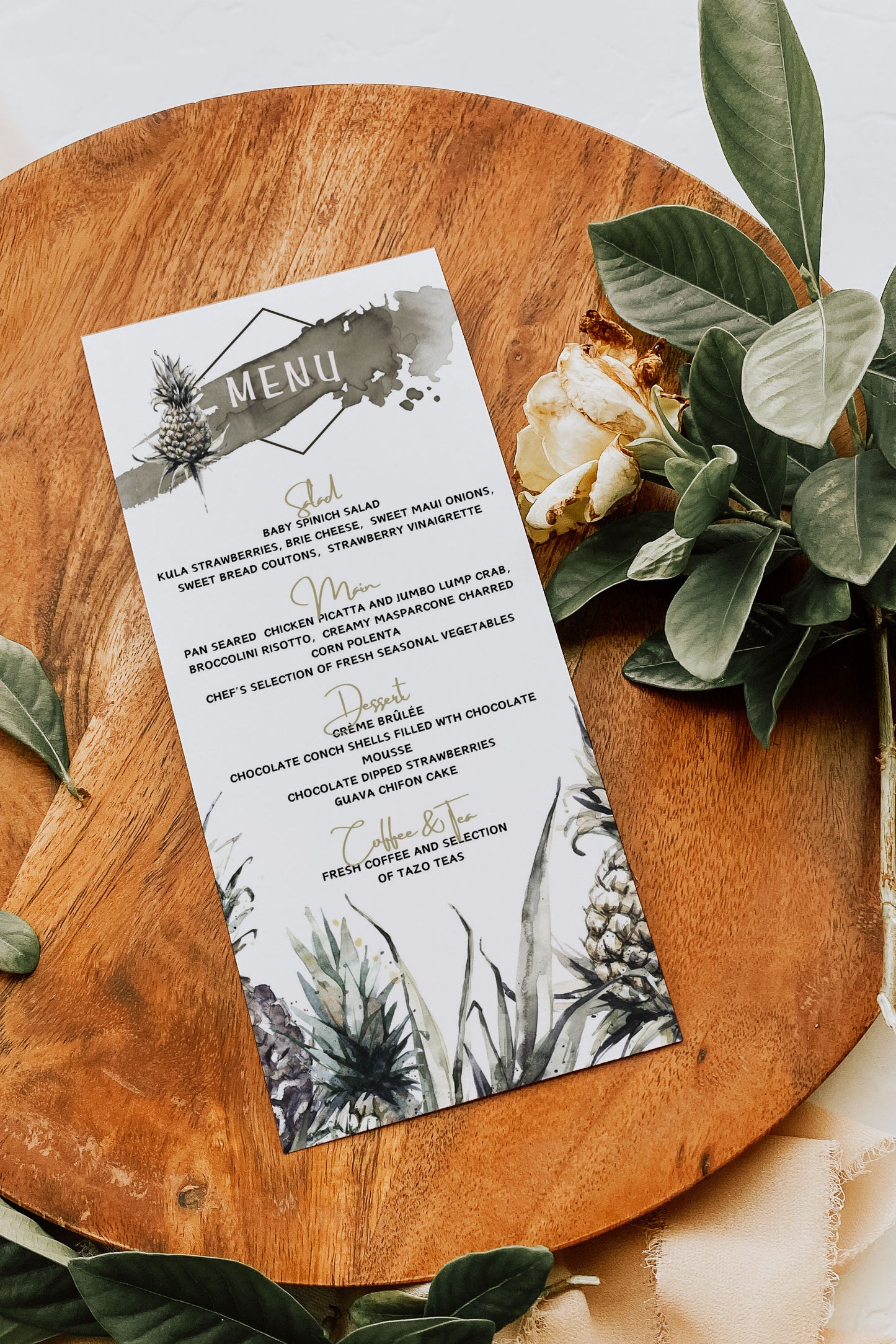 Beach Tropical Mulatto Pineapple Watercolour Destination Wedding Menu 5x7" Instant Download - "MULATTO"