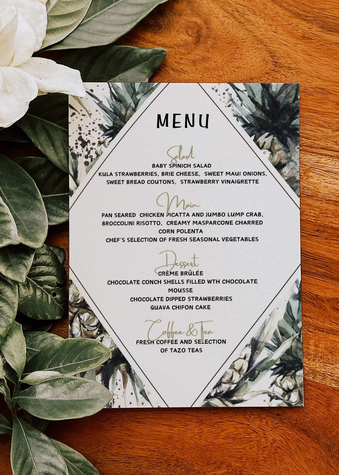 Beach Tropical Mulatto Pineapple Watercolour Destination Wedding Menu 5x7" Instant Download - "MULATTO"