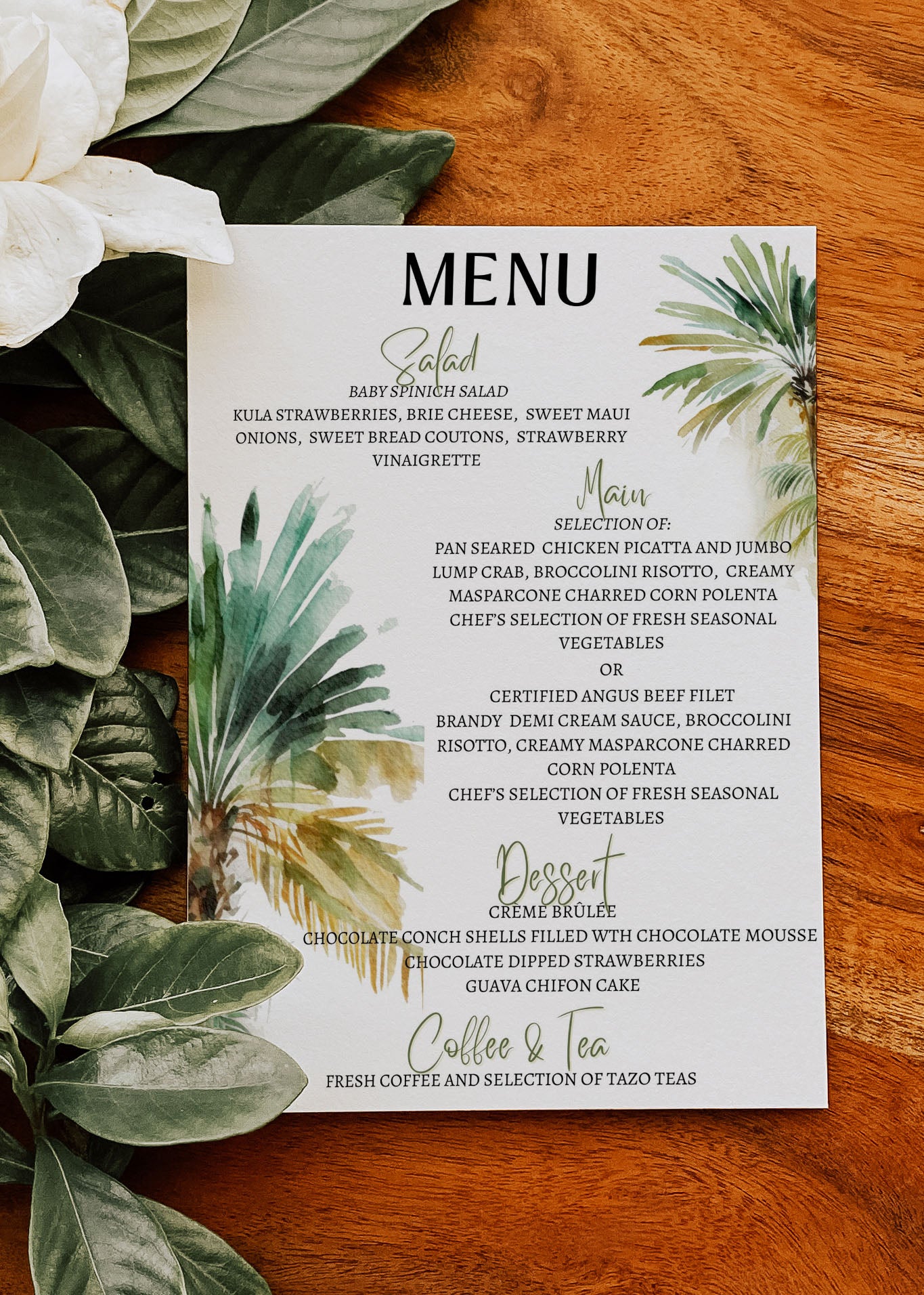 Beach Tropical Palm Trees Watercolour Destination Wedding Menu 5x7" Instant Download - "PALM TREES"