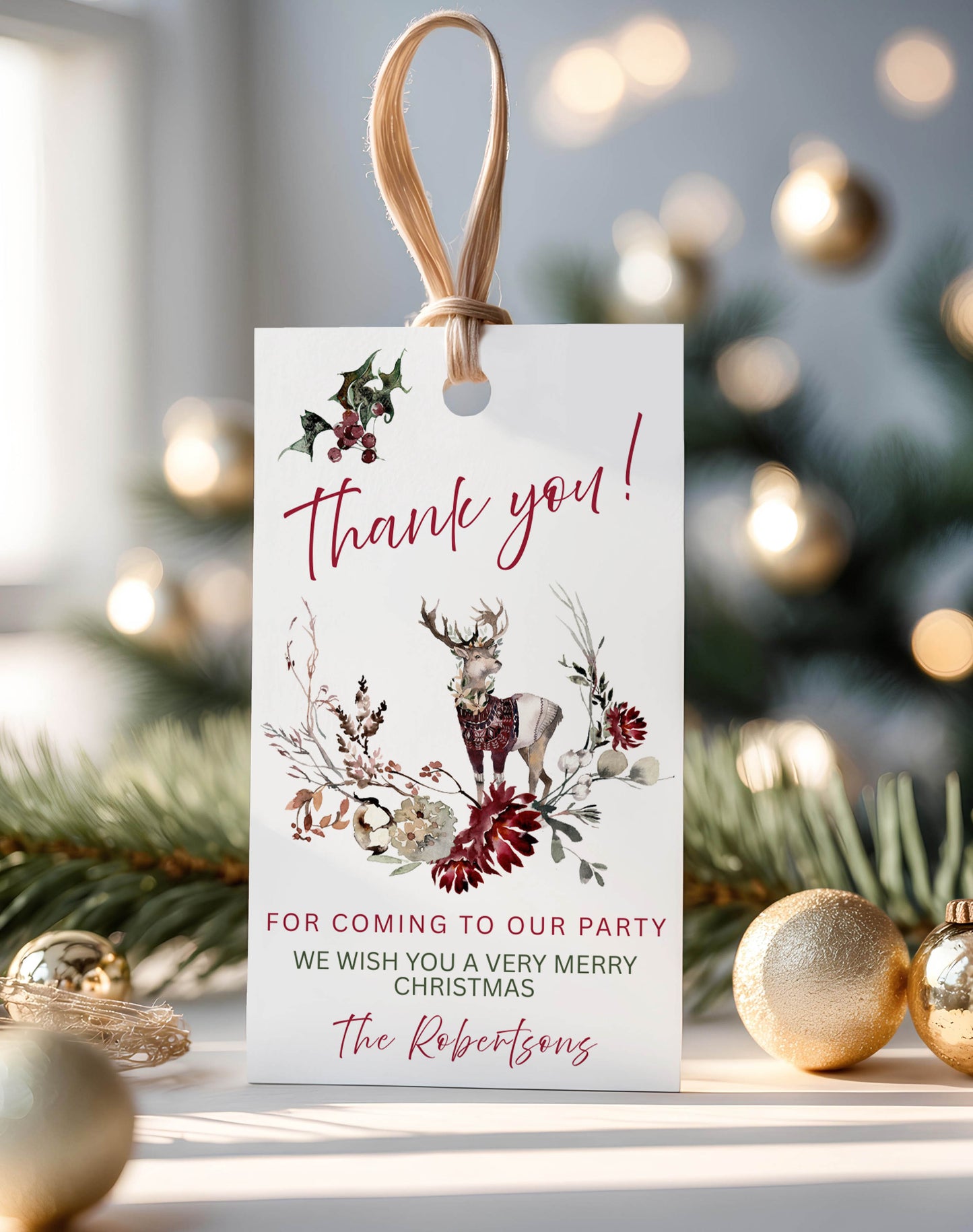 Christmas Fields Snow Leopard and Deer Christmas Gift Tag and Invitation