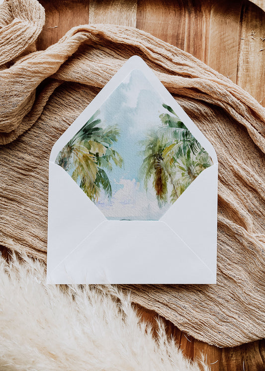 Digital "Instant Download" Beach Tropical Palm Trees Watercolour Destination Wedding A7 & A2 Euro Flap Envelope Liners - "PALM TREES"