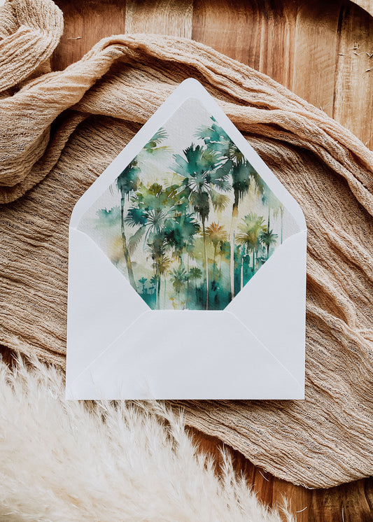 Digital "Instant Download" Beach Tropical Palm Tree Watercolour Destination Wedding A7 & A2 Euro Flap Envelope Liners - "Tropical Palm"