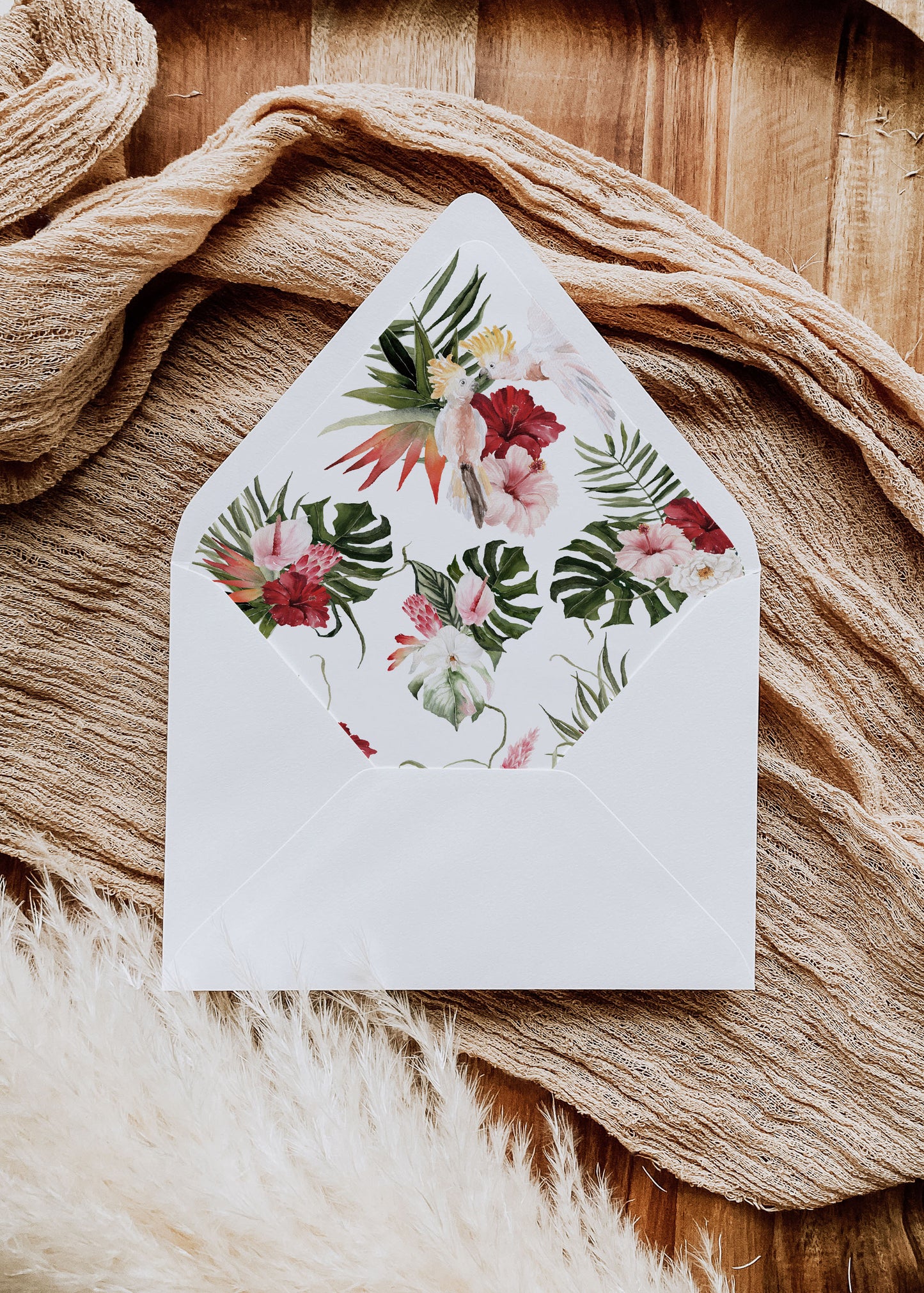 Beach Tropical Hibiscus Monstera Orchid Cockatoo Watercolour Destination Wedding A7 & A2 Euro Flap Envelope Liners - "Hibiscus"