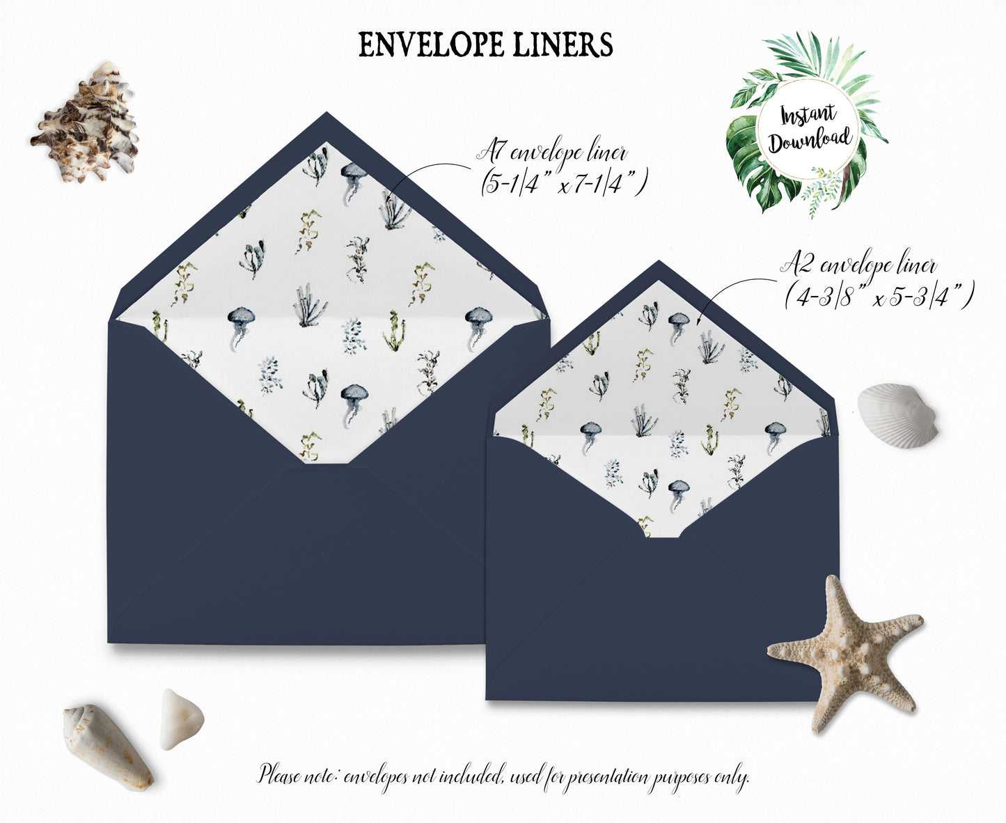 Tropical Floral Watercolor A2 & A7 Euro Flap Envelope Liners Digital "Instant Download" - "Under the Sea"