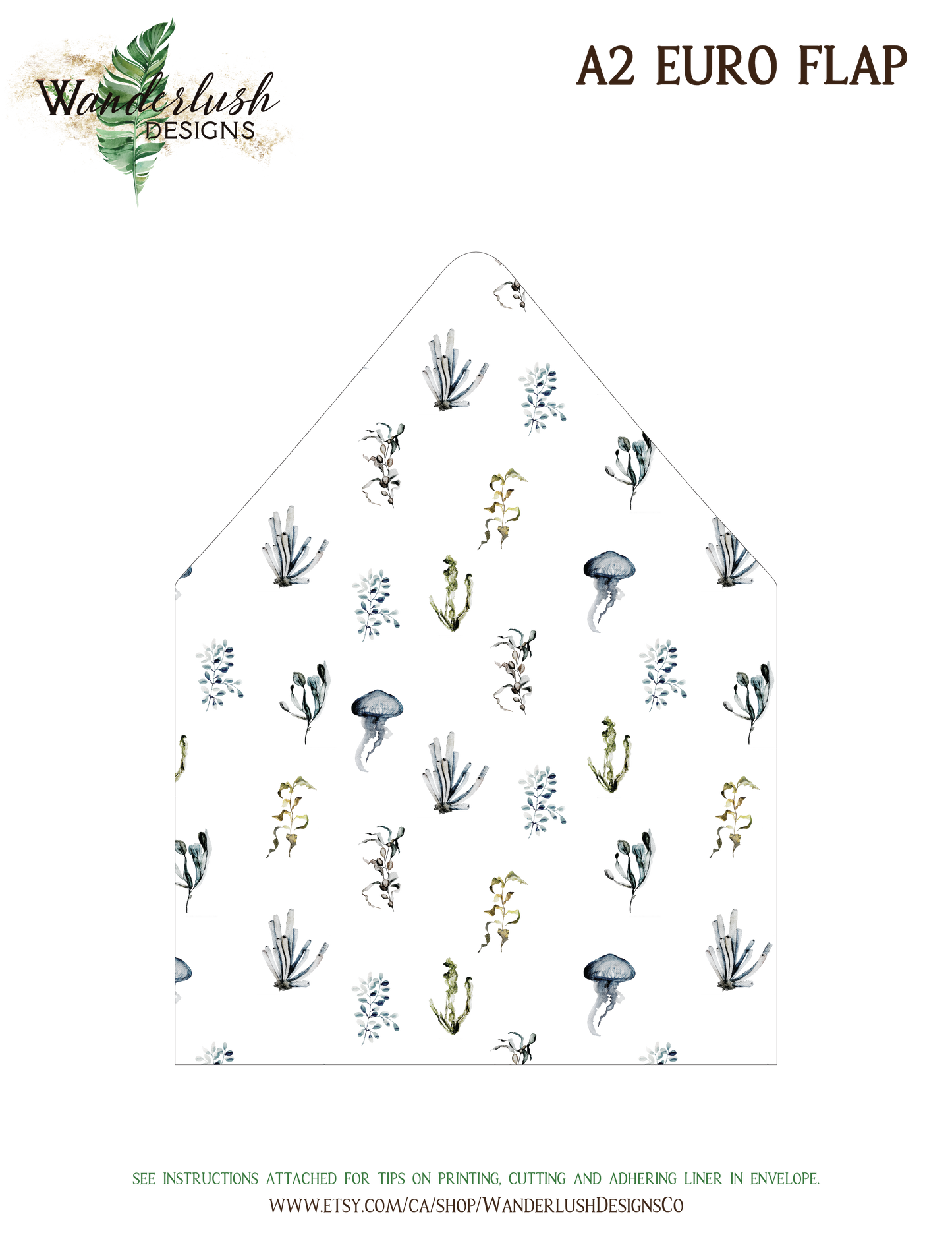 Tropical Floral Watercolor A2 & A7 Euro Flap Envelope Liners Digital "Instant Download" - "Under the Sea"
