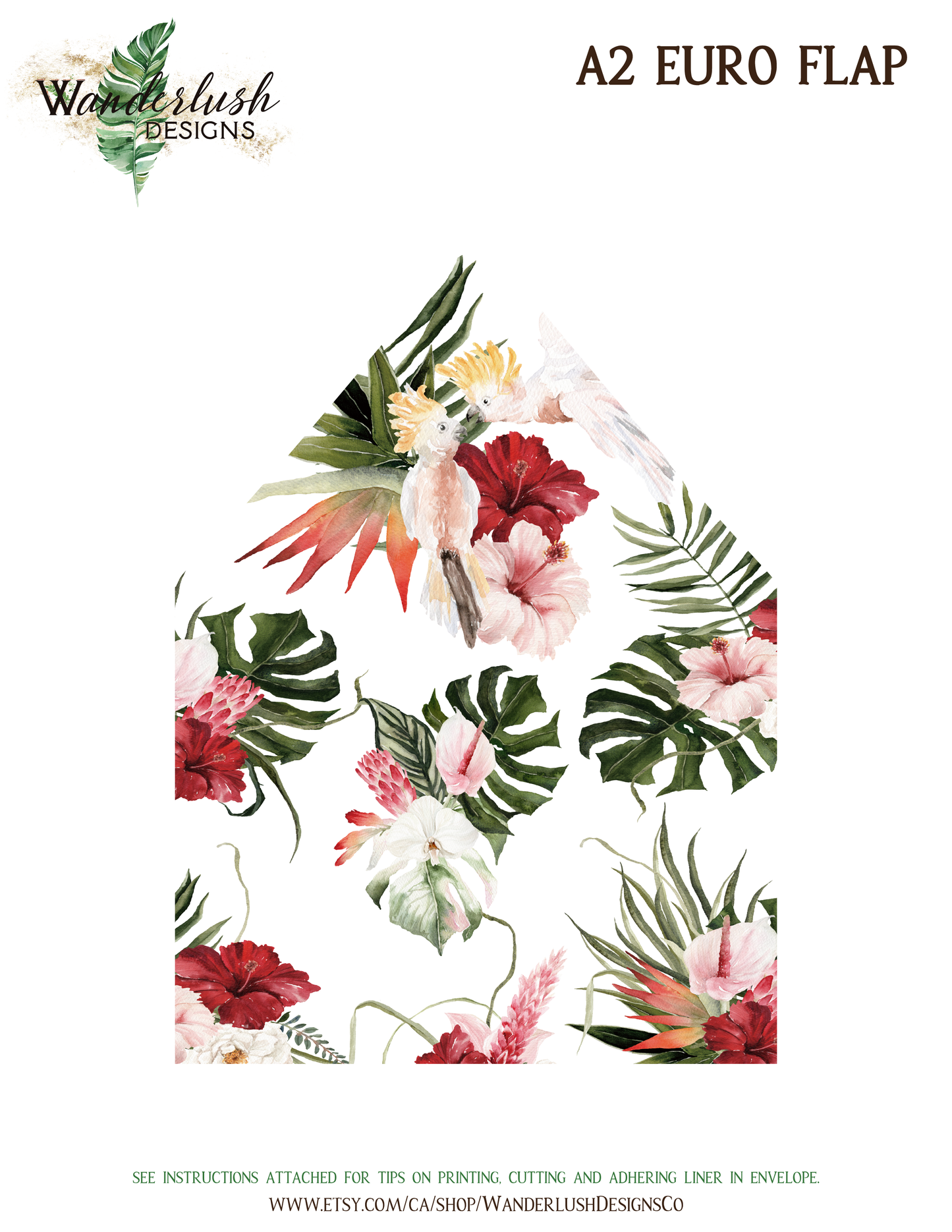 Beach Tropical Hibiscus Monstera Orchid Cockatoo Watercolour Destination Wedding A7 & A2 Euro Flap Envelope Liners - "Hibiscus"