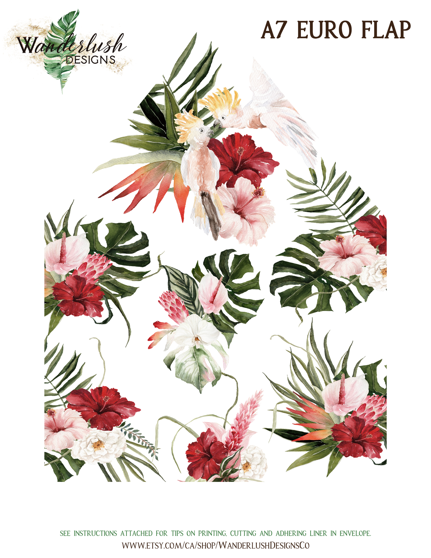 Beach Tropical Hibiscus Monstera Orchid Cockatoo Watercolour Destination Wedding A7 & A2 Euro Flap Envelope Liners - "Hibiscus"