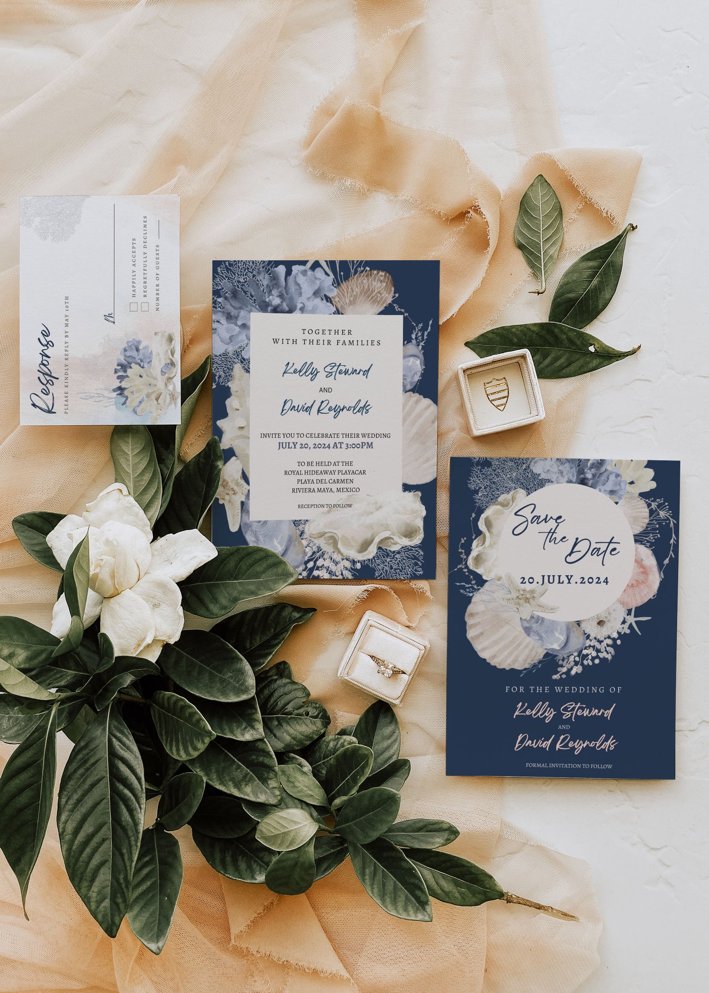 Beach Tropical Sea Shells Coral Watercolour Destination Wedding Invitation and RSVP Suite Instant Download - "WHITE SHORES"