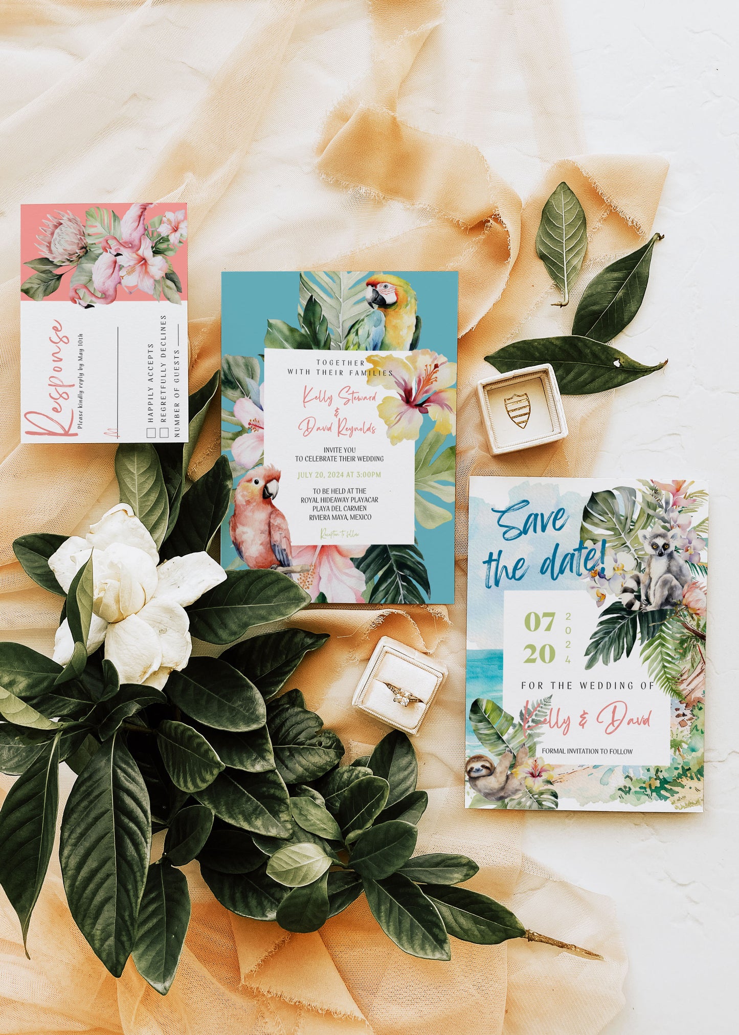 Beach Tropical Hibiscus Sloth Lemur Watercolour Destination Wedding Save the Date Instant Download - "PARAISO"