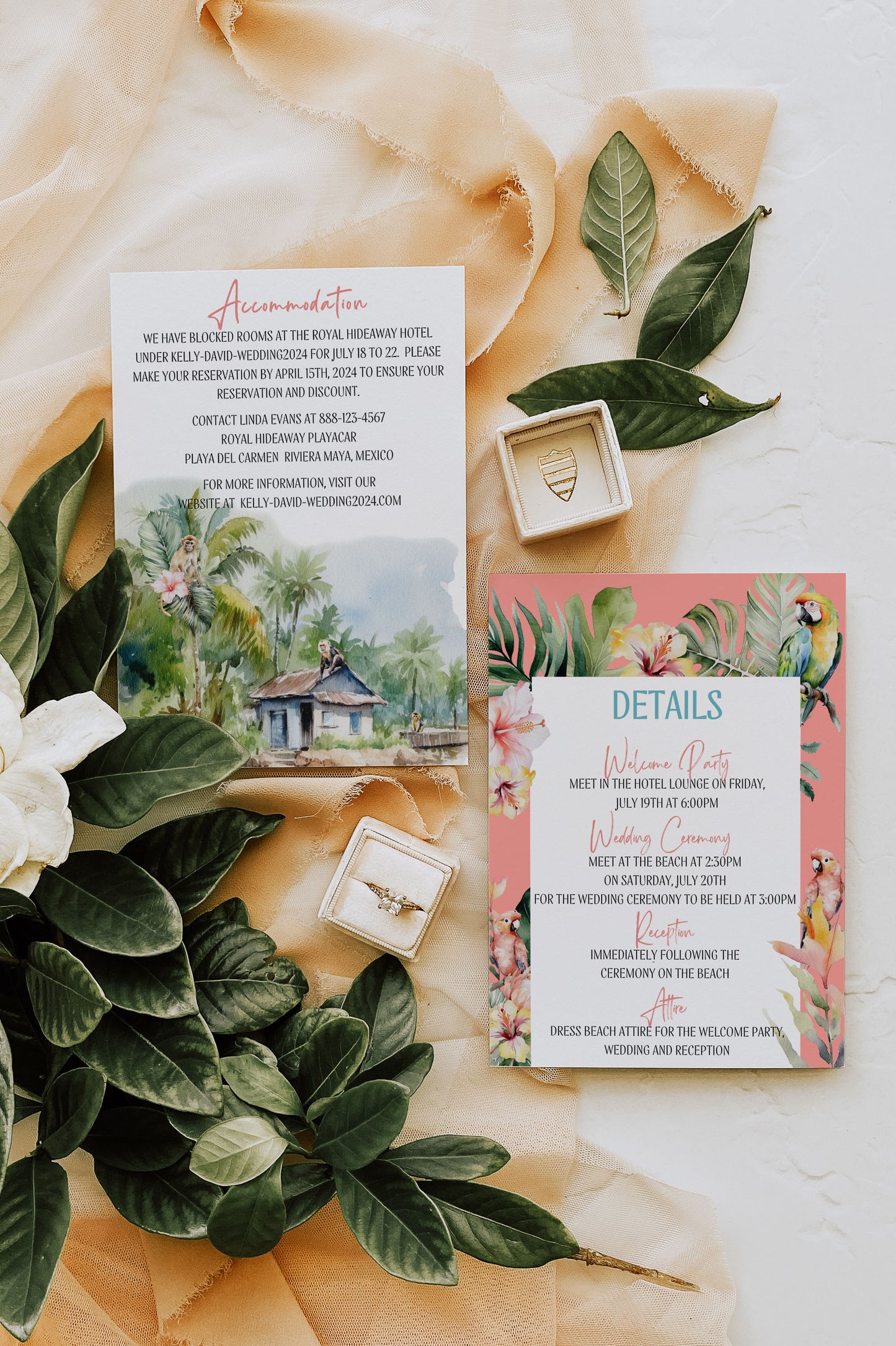 Tropical Details Wedding Insert, Beach Details Wedding Insert, Destination Wedding Invitation, Parrot, Jungle, Instant Download Watercolour Destination Wedding Accommodation 4.25x5.5" Instant Download - "Paraiso"