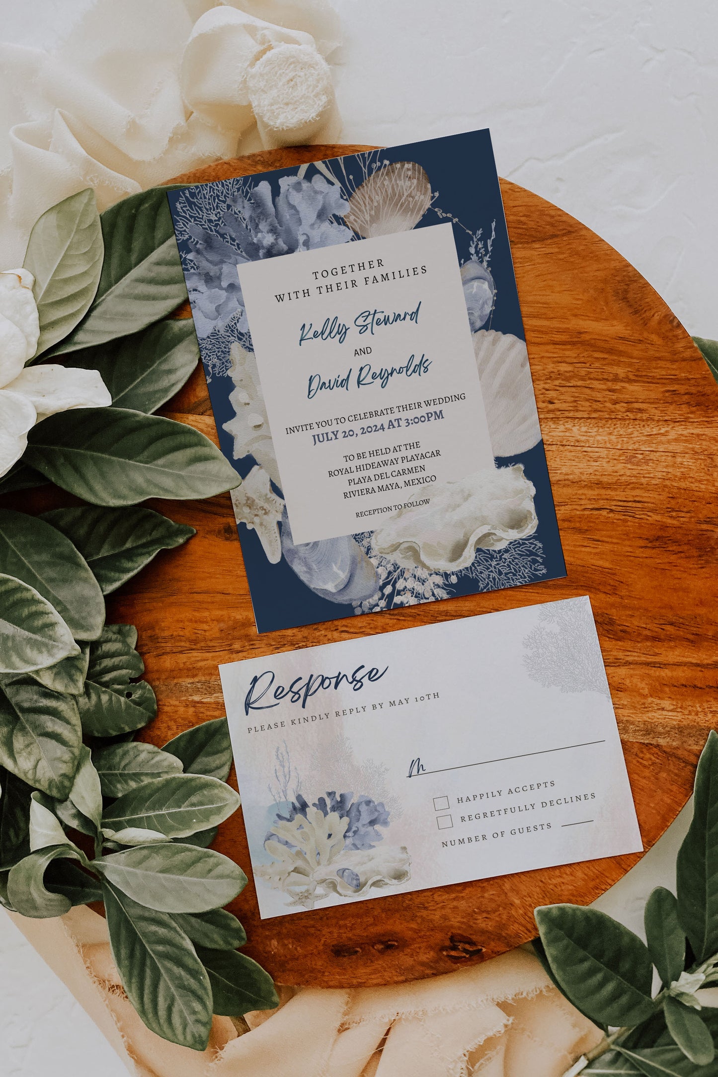 Beach Tropical Sea Shells Coral Watercolour Destination Wedding Invitation and RSVP Suite Instant Download - "WHITE SHORES"